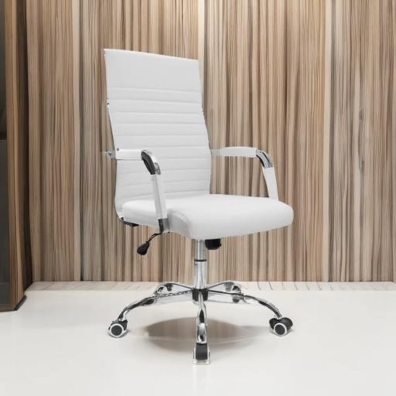 Ribbed Office Desk Mid-Back Pu Leather Executive Conference Task Adjustable Swivel Chair with Arms, White