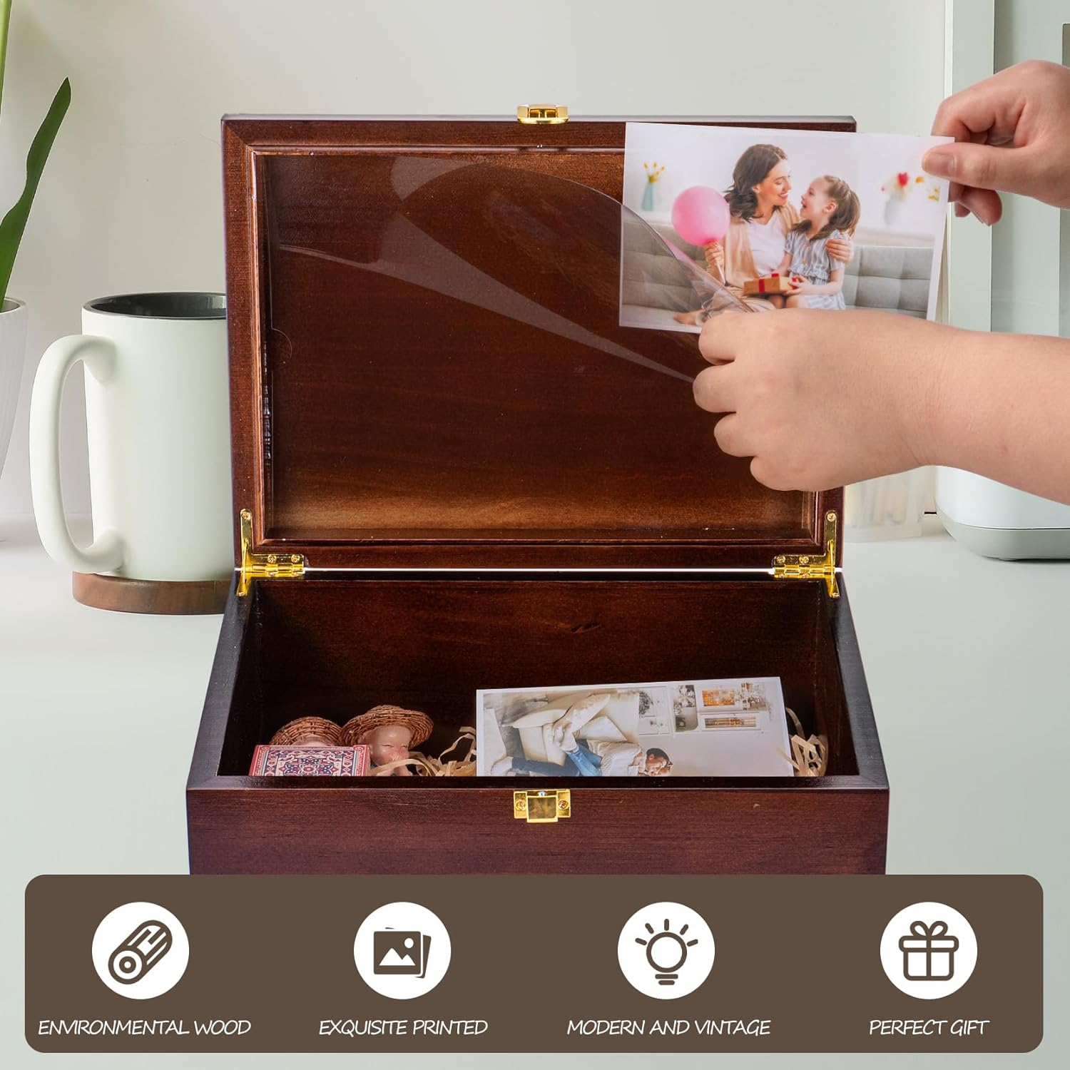 Larger Wooden Wedding Memory Keepsake Boxes with Hinged Lids and a Photo Frame inside the Lid Bridal Shower Gifts - Engagement Gifts for Couples Newlyweds Mr Mrs Couple Bride Gift - 5.3&ldquo;*8.6&rdquo;*11.7&ldquo; image number 1