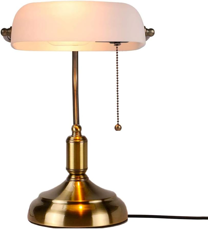 OIJVRHN Desk Lamp Retro Green Glass Shade Polished Brass Metal Base E27 Bankers Table Lamp with Pull Line Switch