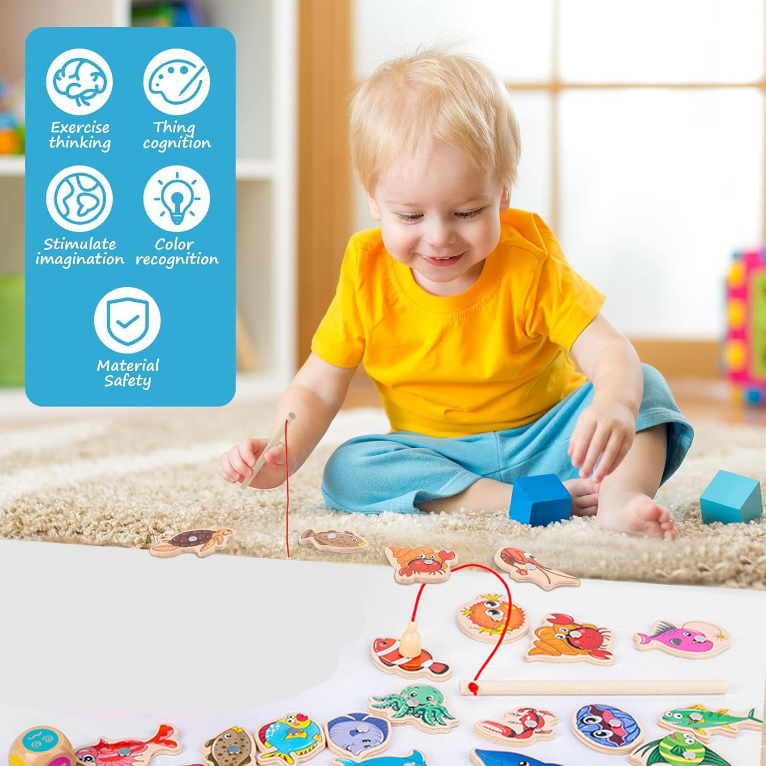 44 Pieces Magnetic Fishing Game for Kids Wooden Magnet Fishing Game Wooden Magnetic Toys for Kindergarten Preschool Girl Boy image number 4