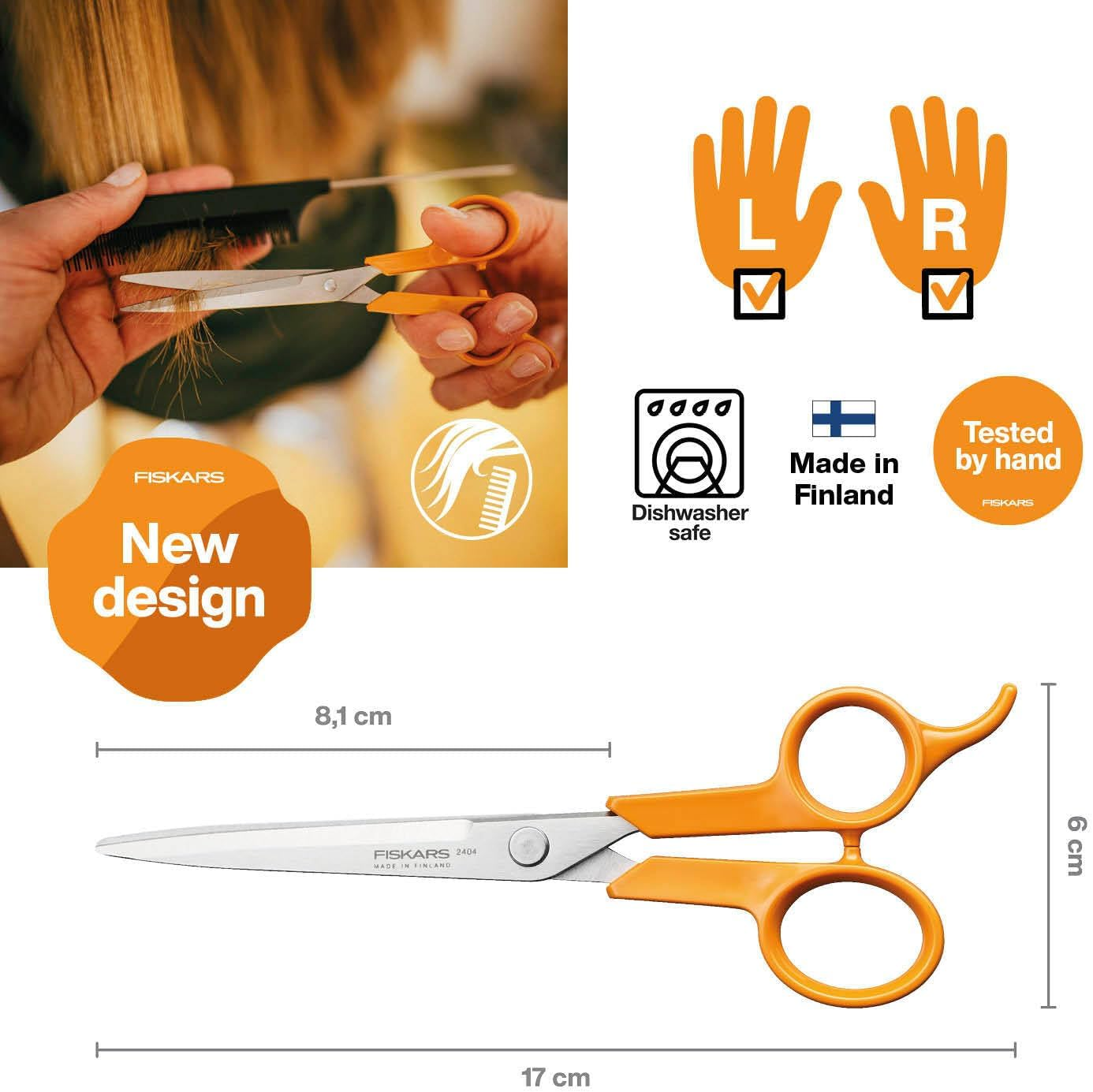 Fiskars Classic Hair Scissors, with Finger Rest, Right- and Left-Handed, Total Length: 17 Cm, Improved Handle Ergonomics, Quality Steel/Plastic, Orange, 1075062 image number 6