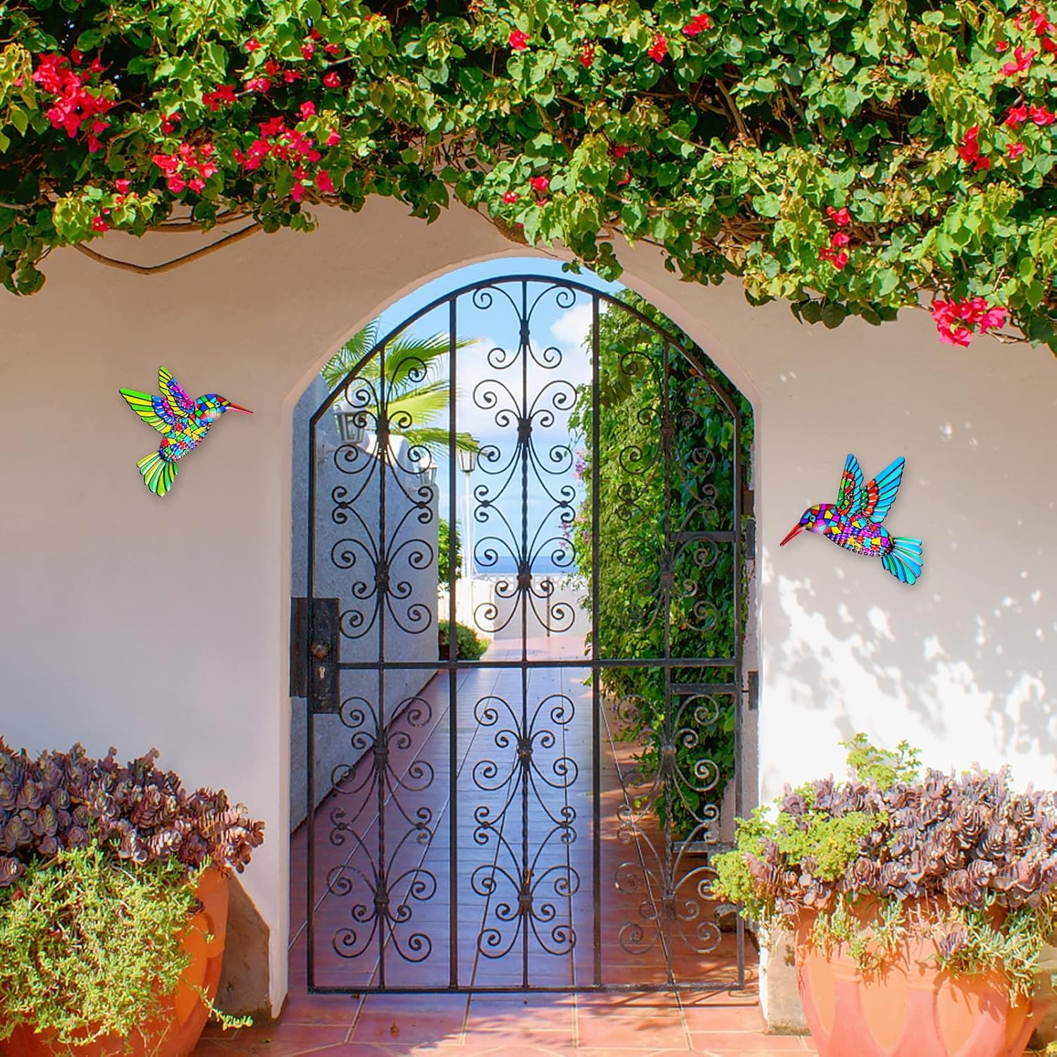 OFFCUP Metal Hummingbird Wall Decor, 2 Pack Metal Hummingbird Wall Art Decor, Wrought Iron Colorful Hummingbird Wall Sculptures, Outdoor Garden Fence Ornaments Hanging for Backyard Porch Patio image number 3