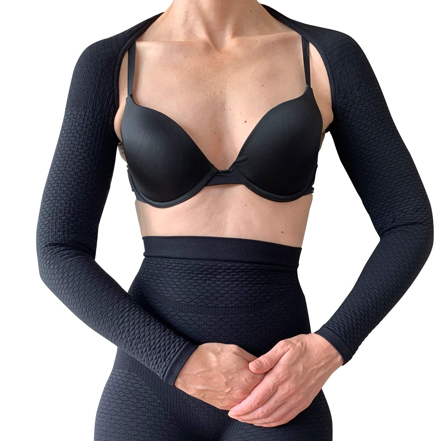 (L/XL, BLACK) - Bioflect FIR Therapy anti Cellulite Compression Slimming Arm Sleeves Wrap (L/XL, BLACK)