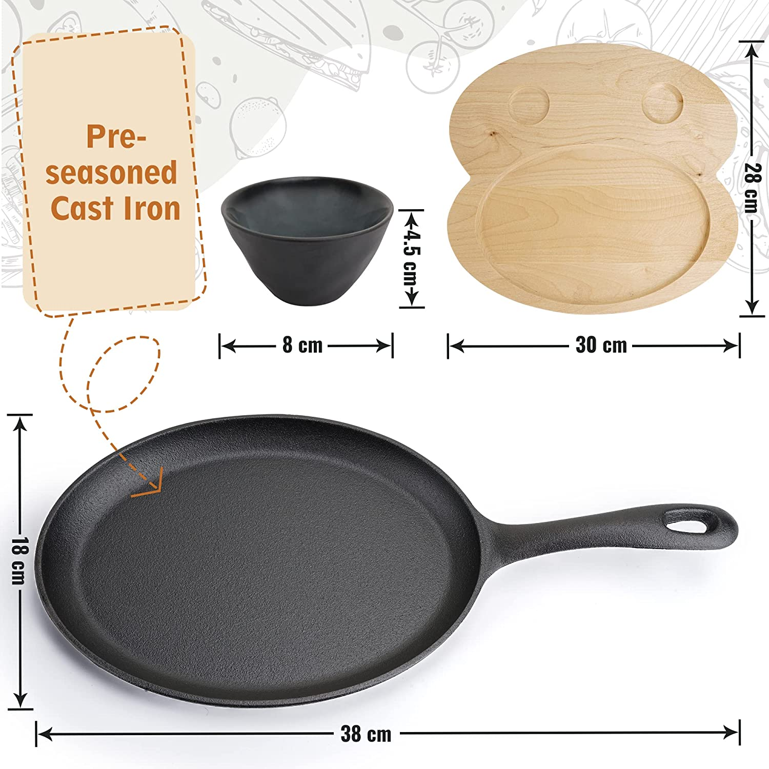 Tortillada &ndash; 25 Cm Cast Iron Fajita Pan/Grill Pan Set for Fajitas &ndash; Incl. Wooden Serving Tray + 2 Ceramic Dip Bowls image number 4