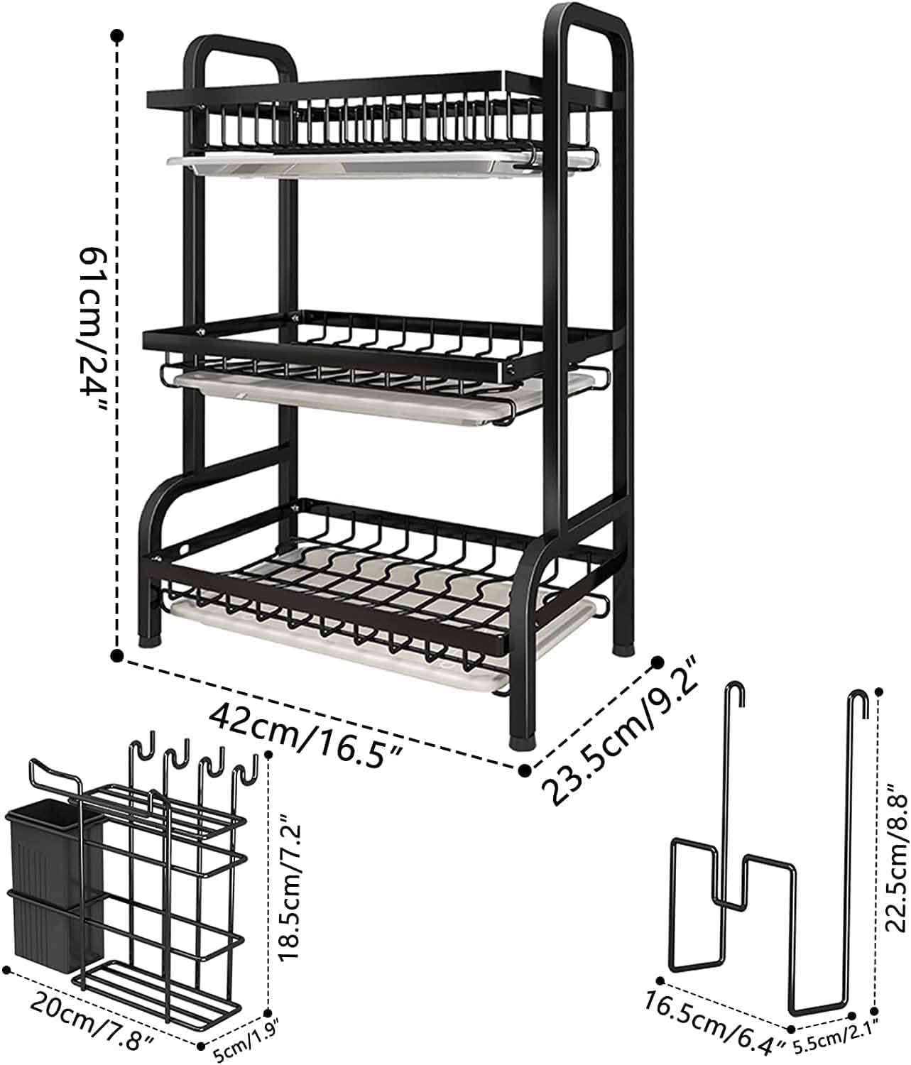 Dish Rack 3 Tier Dish Dryer Drainer Stainless Steel Dish Drying Rack Drip Trays Side Holder Kitchen Storage save Space image number 4