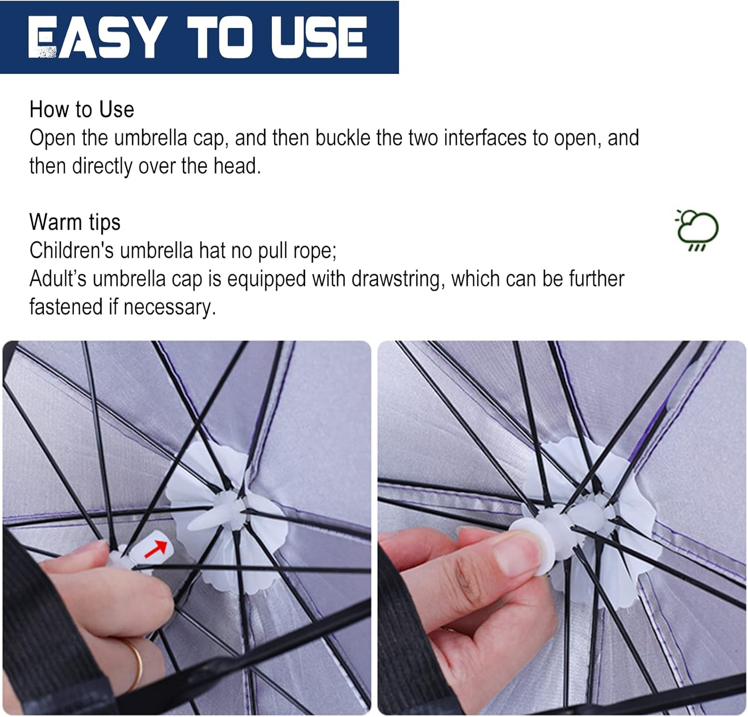 MUFEKUM 4 Pack Umbrella Hats, 20.5" Hands-Free Head Umbrella Hats for Kids, Folding Waterproof Umbrella Cap with Head Strap for Outdoor Party, Fishing, Sun, Rain, Beach, Golf, Hiking