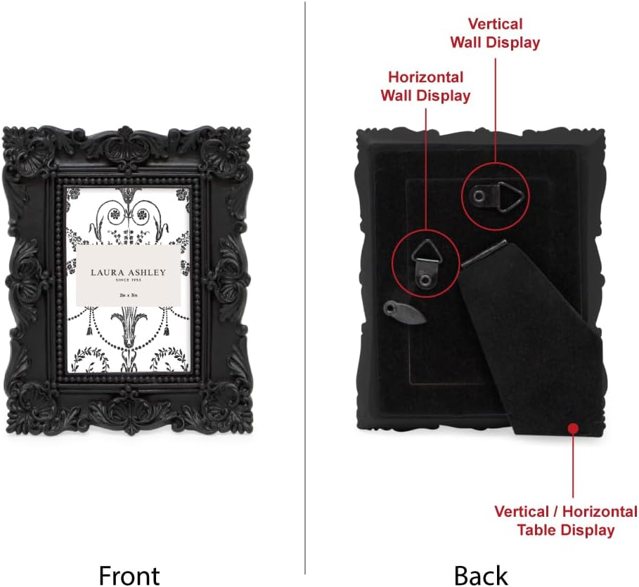 Laura Ashley 2X3 Black Ornate Textured Hand-Crafted Resin Picture Frame with Easel, for Tabletop & Wall Display, Decorative Floral Design Home D&eacute;cor, Photo Gallery, Art & More (2X3, Black)