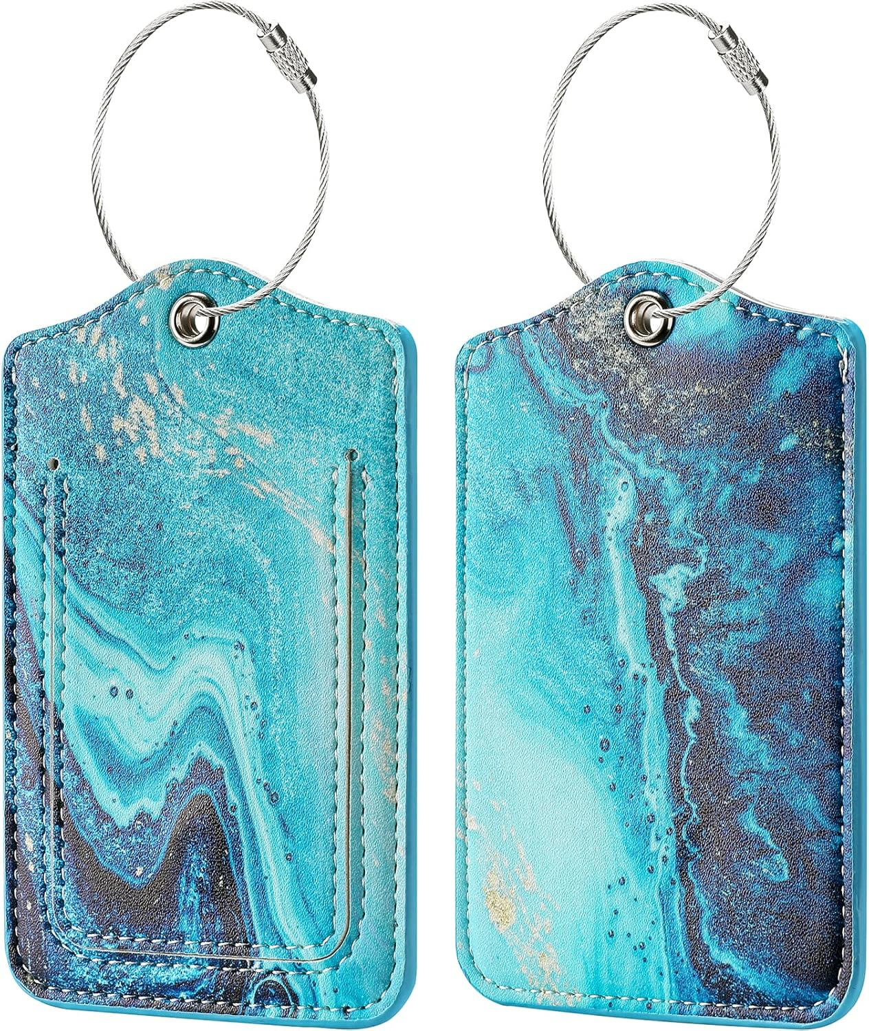 JOTO 2 Pcs Luggage Tags with Name ID Card and Stainless Steel Loop, Leather Luggage Labels Hard Wearing Suitcase Tags for Quickly Spot Your Travel Luggage Suitcase Bag -Blue Sandy Wave