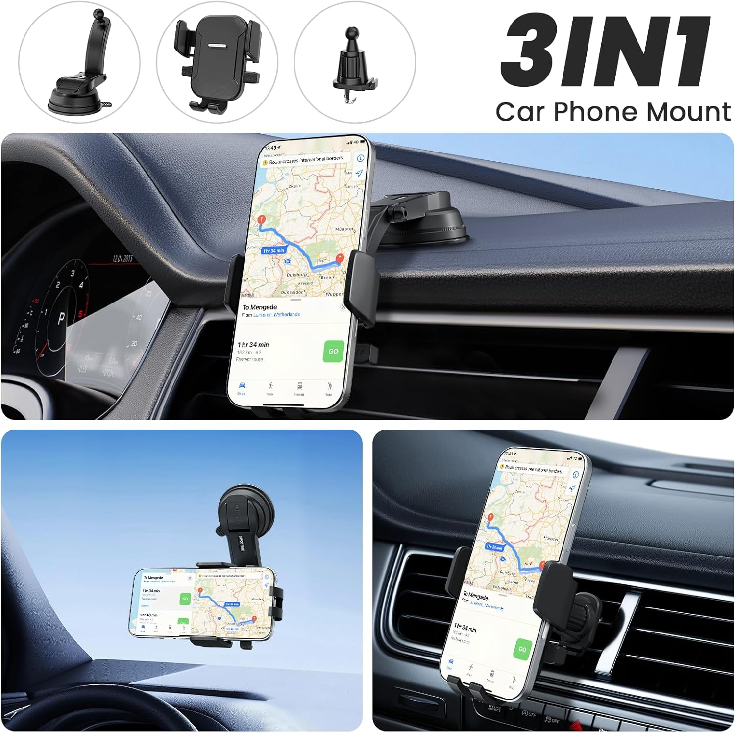 3-In-1 Car Phone Holder, Ultra-Stable and Shockproof, for Dashboards, Windshields, and Air Vents, 360&deg; Adjustable Angle, Suitable for All Smartphones