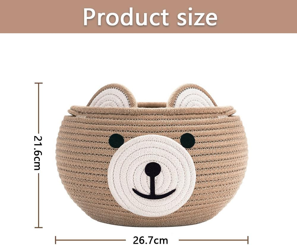 Cotton Rope Baby Basket for Nursery &ndash; Cute Bear Gift Basket for Kids, Small Animal Storage Basket with Handles, Empty Baby Shower Hamper, Khaki image number 1
