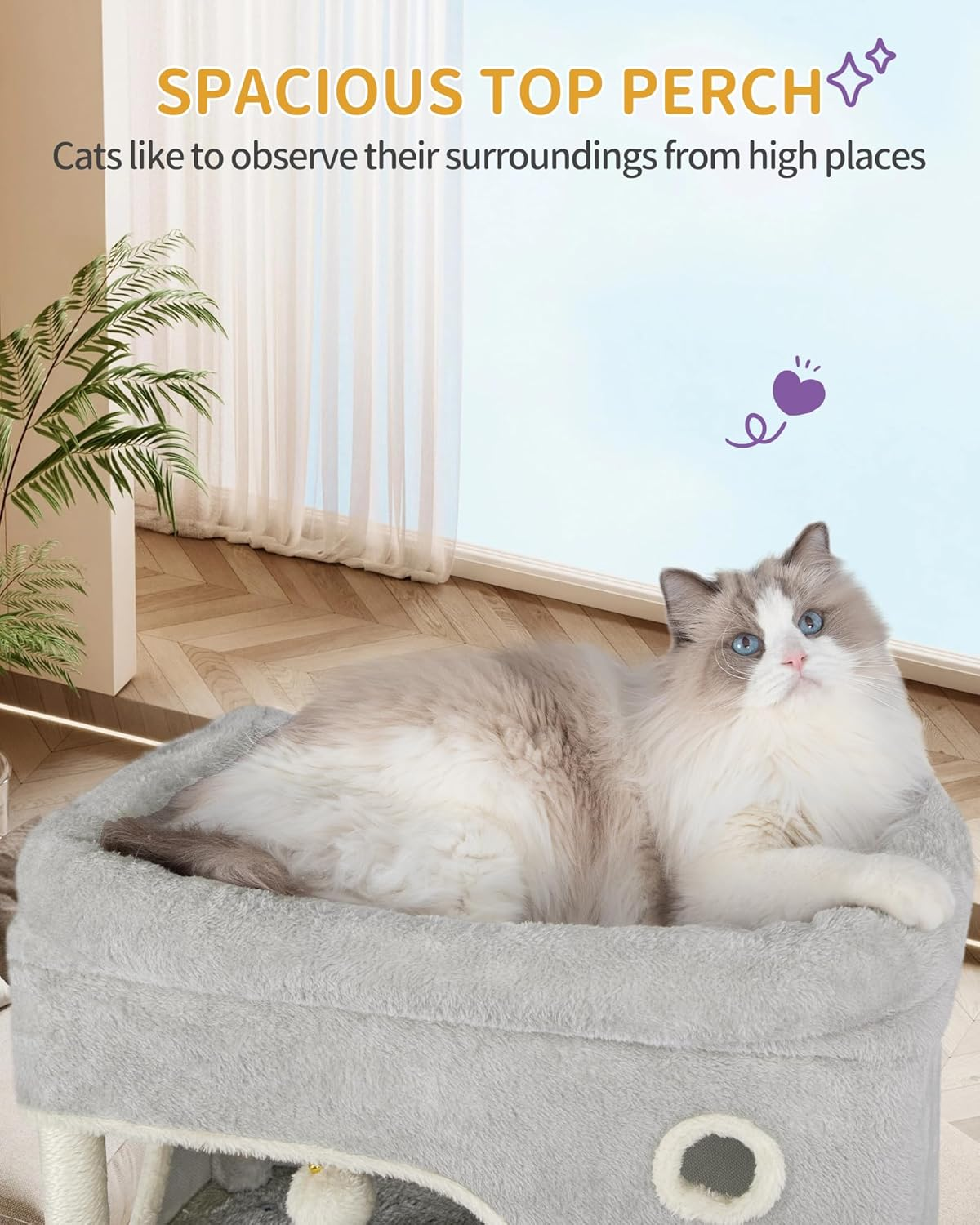 Hzuaneri 178Cm Cat Tree for Indoor Cats, Multi-Layer Scratching Post with Large Platform, 2 Caves, 7 Sisal Posts, Pompoms, Cat Basket, Hammock, Suitable for Cats, Light Grey MS17818LG image number 5