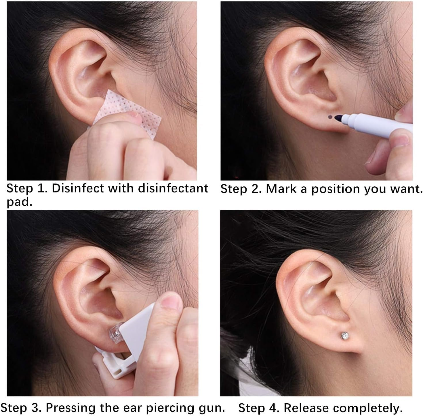 Lyuxzad Ear Piercing Gun Kit 6Pcs Disposable Ear Piercing Kit Including 2Pcs Self Ear Piercing Gun with 2Pcs Built-In Earrings Stud and 2Pcs Clean Tools for Ear Cartilage Piercing Kit(Gold)