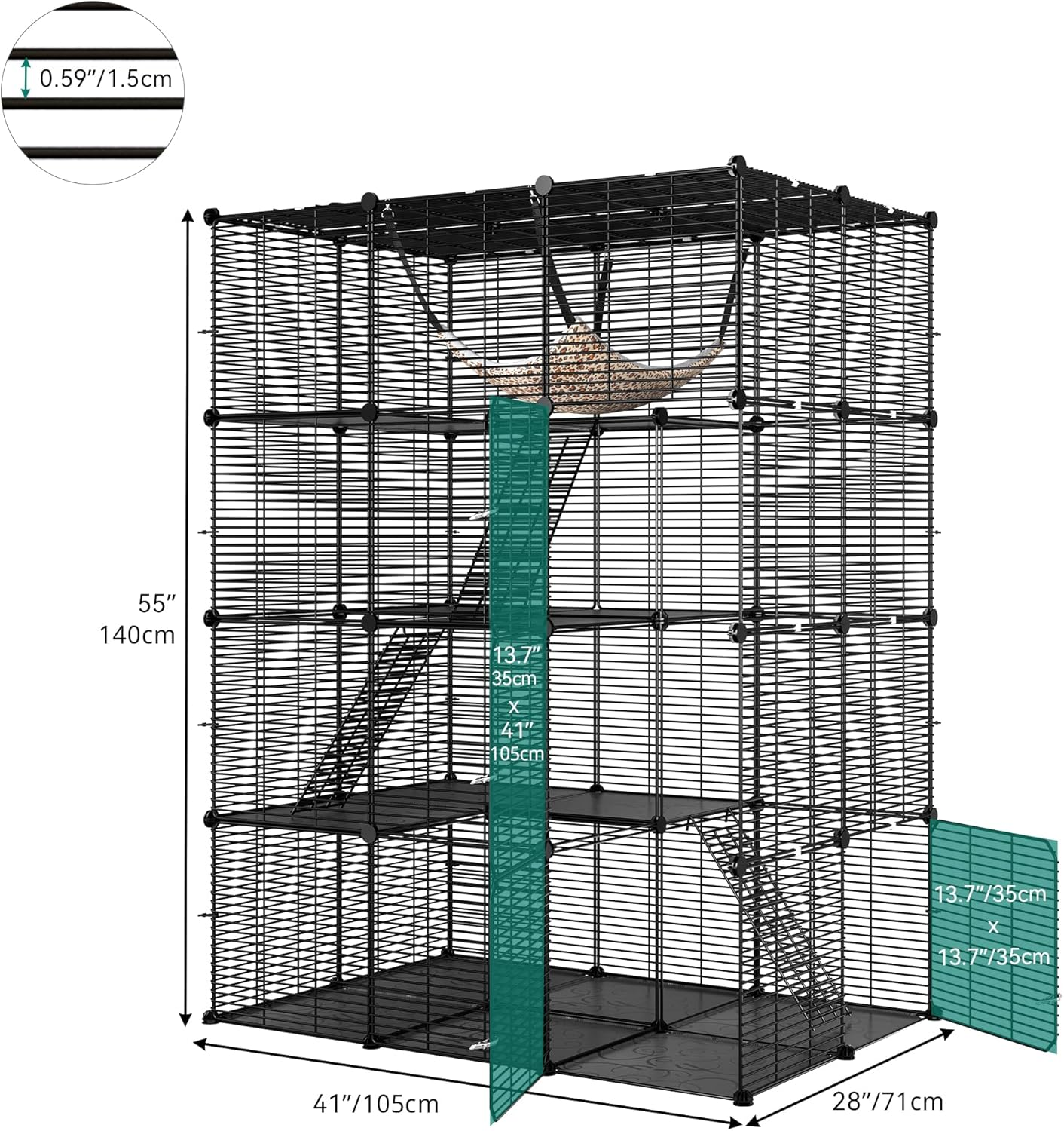 YITAHOME 4 Tier Large Cat Cage Indoor with Hammock, 4 Doors, 3 Ladders, Outdoor Cat Enclosure Catio Metal Wire Dense Kennels for 1-3 Cats, Small Animal DIY Detachable Pet Playpen, 104X72X140 Cm image number 3