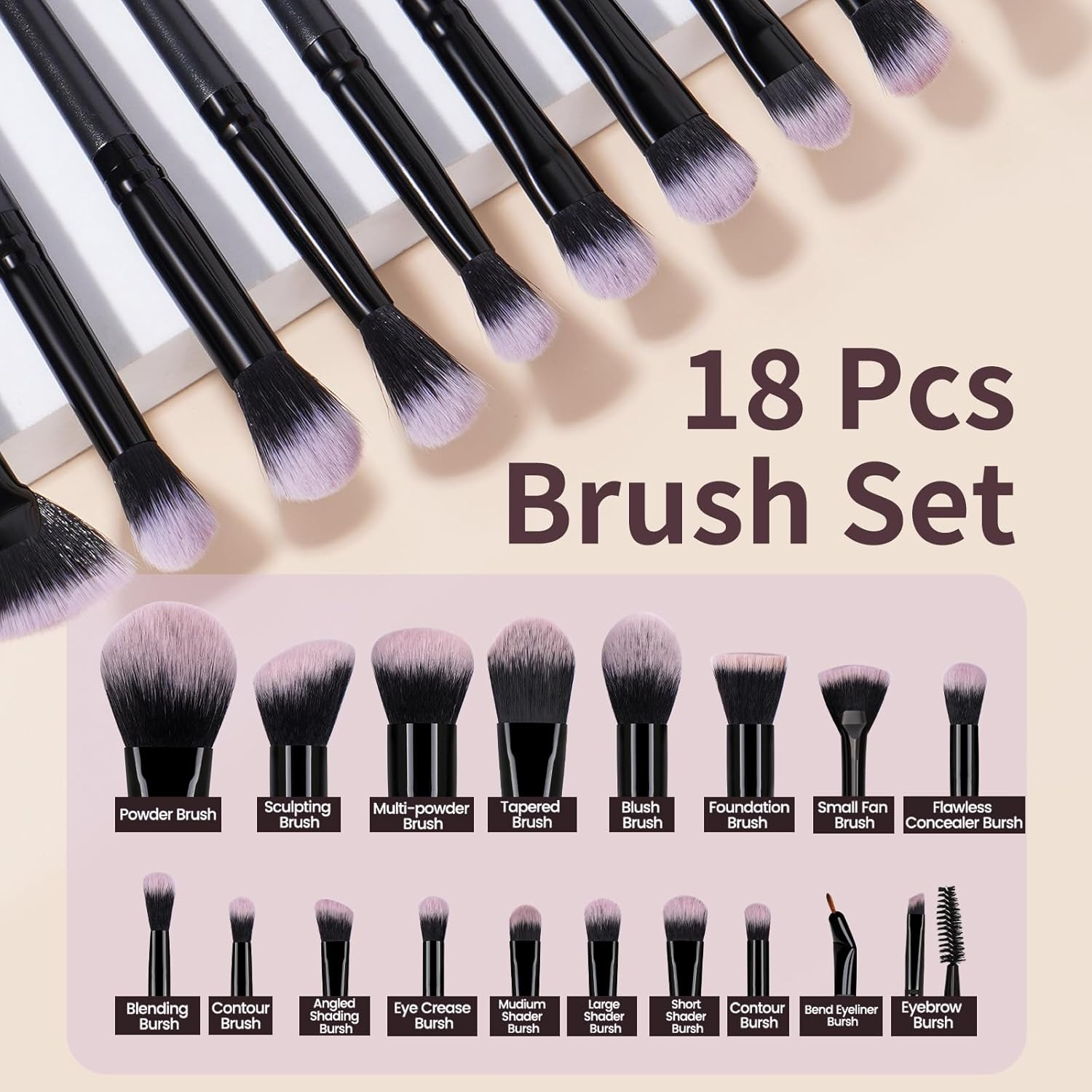 MAANGE Makeup Brushes Set 18 Pcs Premium Synthetic Makeup Brush Powder Blending Foundation Concealers Eye Shadows Blush Brushes Kit Travel Makeup Brushes (Black) image number 1