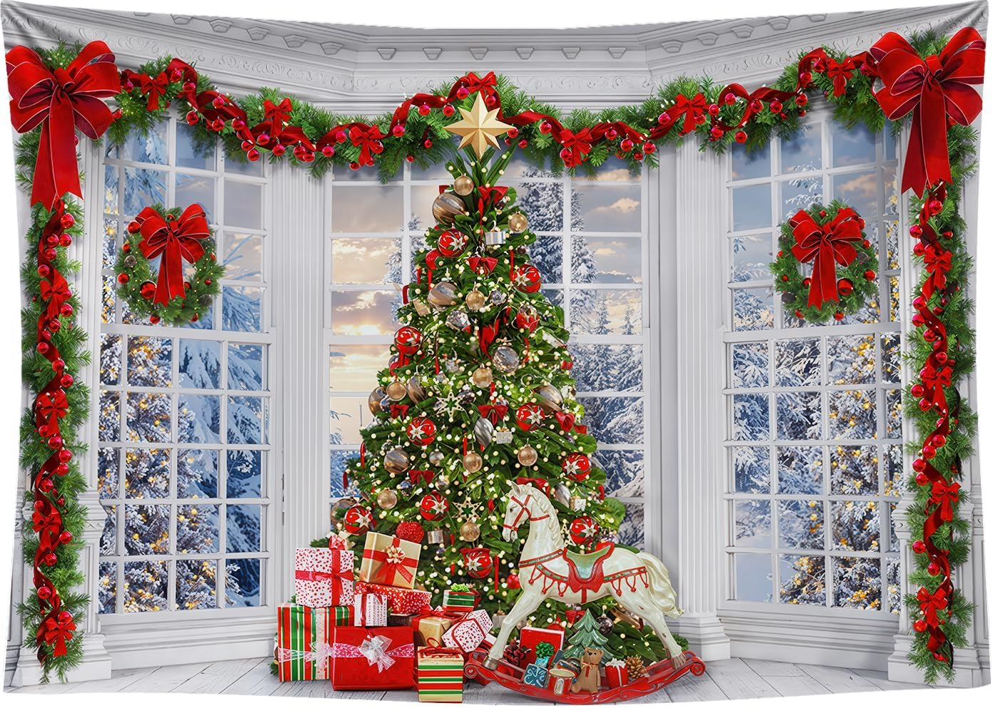 9X6Ft Christmas Window Backdrop for Photography Xmas Pine Tree Gifts Background Winter Snow Scene Merry Christmas Photo Backdrop Studio Props Banner image number 5