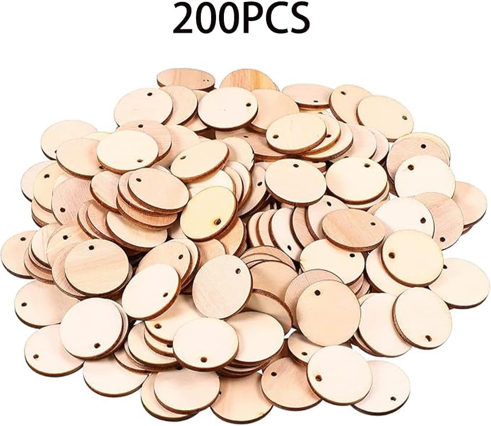 Wooden round Pendants, 200 Pieces, Unfinished Craft Discs with Holes for DIY Projects, Decorations image number 1