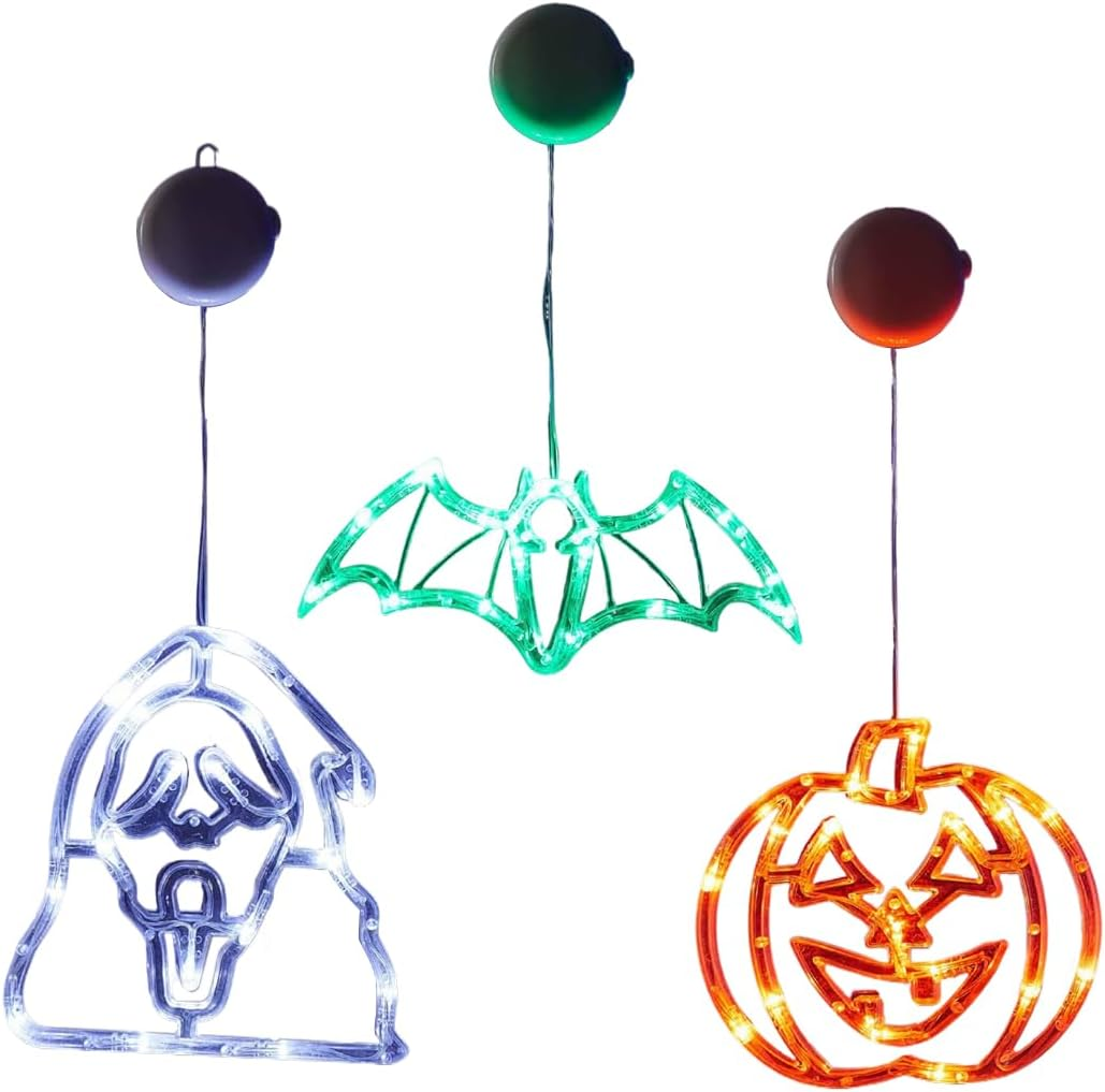 3 Pcs Halloween Window Lights with Suction Cup, Battery Operated Indoor Lighting, Halloween Decorations (Orange, Green, White) image number 2