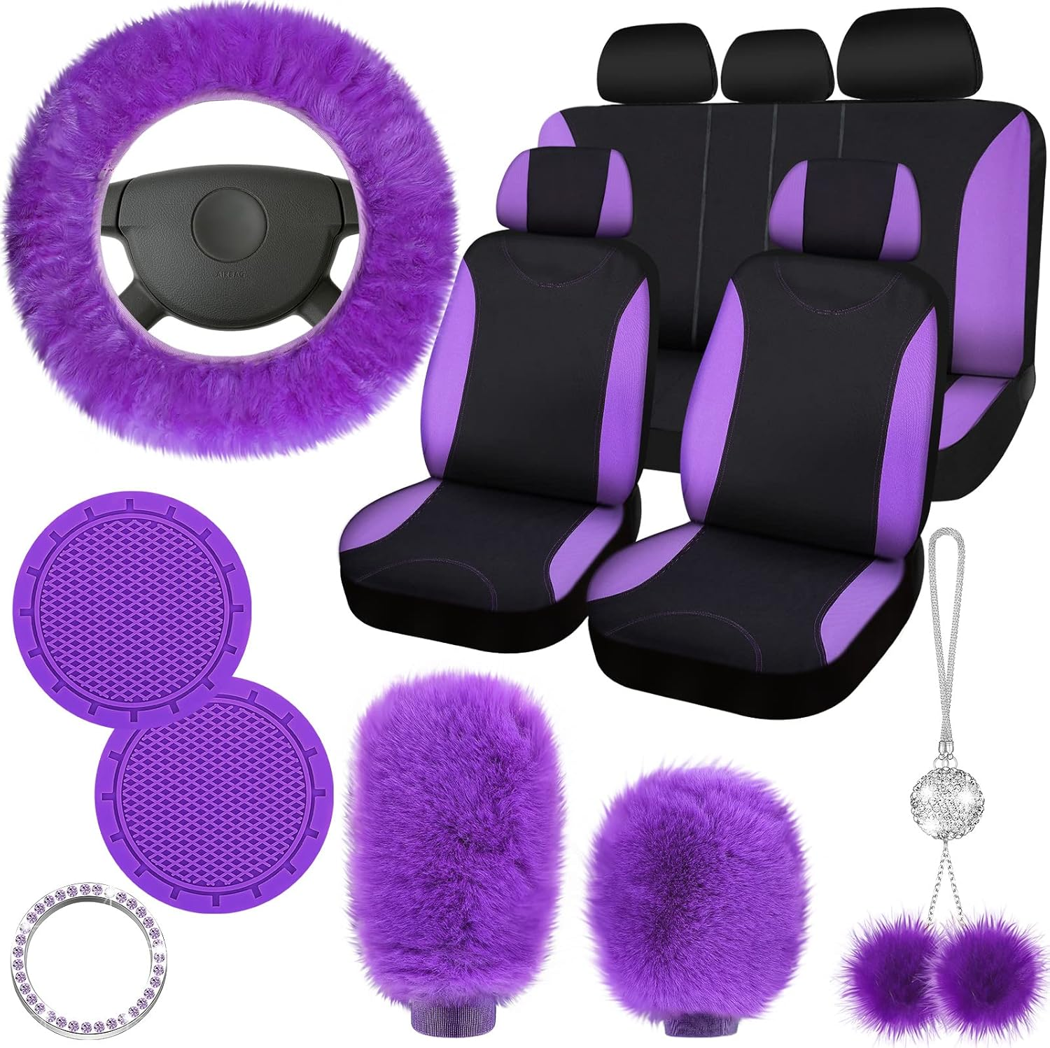 Tallew 17 Pcs Car Seat Cover Full Set for Christmas Fluffy Car Decor Front Rear Fluffy Steering Wheel Cover Soft Fleece Handbrake Shift Hanging Accessory Holder Ring Emblem Sticker(Purple) image number 2