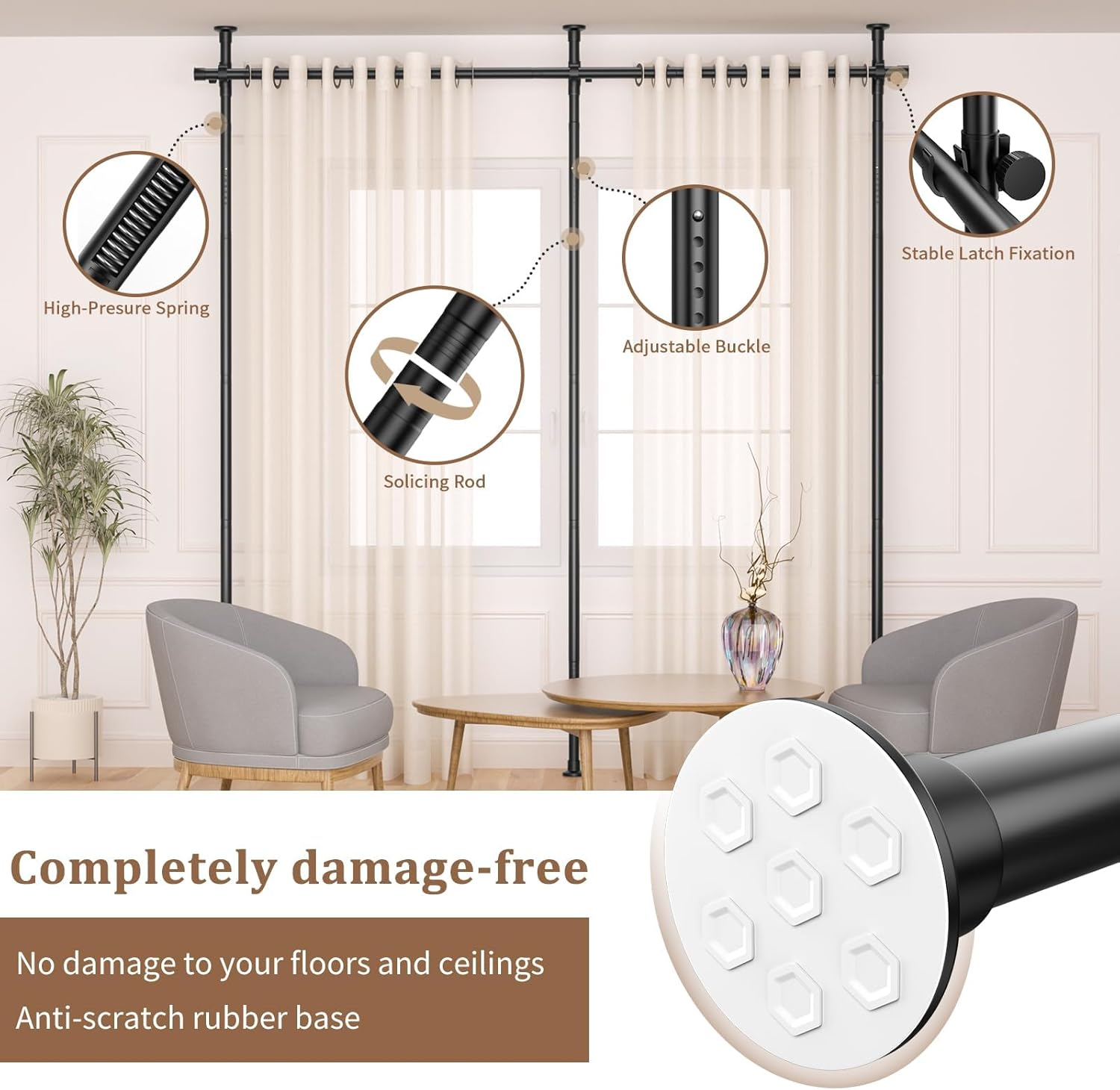 Koreal Room Divider, Curtain Rods No Drilling, 121-304Cm Height and 71-290Cm Width Adjustable Tension Rod, Tension Curtain Rod for Space Partition,Room Partition Privacy Separator, Black,No Curtains image number 2