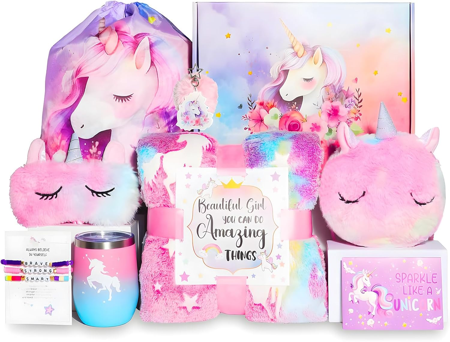 MAKTOR Unicorn Gift Set for Girls Ages 3+, Includes Glow Blanket, Water Bottle, Crossbody Bag Eye Mask, Drawstring Bacpack & Bracelets, Perfect for Birthdays, Holidays, Special Occasions image number 4