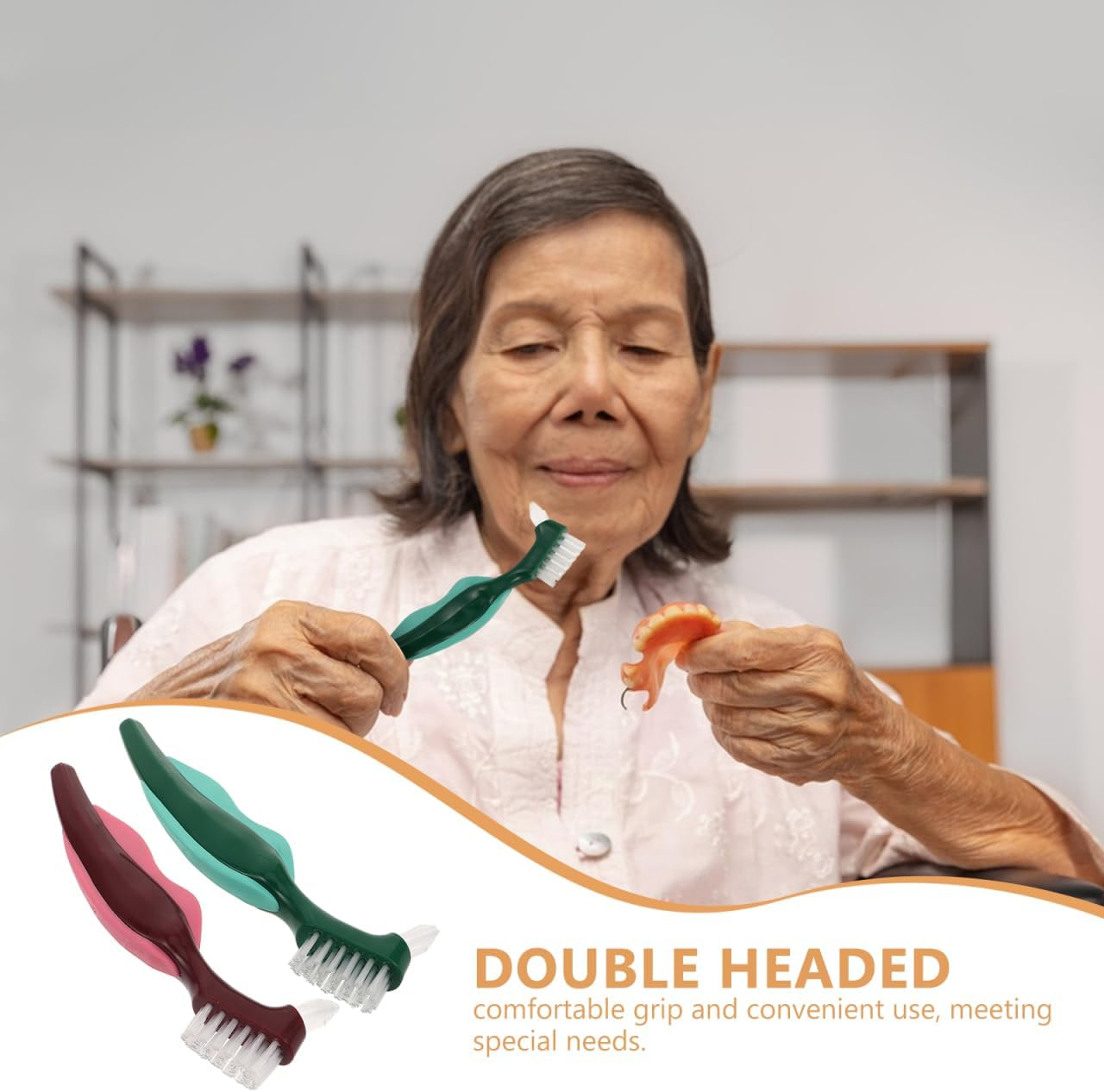 FOMIYES 2Pcs Dual Head False Teeth Brush with Hard Nylon Bristles Ergonomic Non Slip Handle for Effective Denture Cleaning and Stain Removal Portable Oral Care Tool image number 4