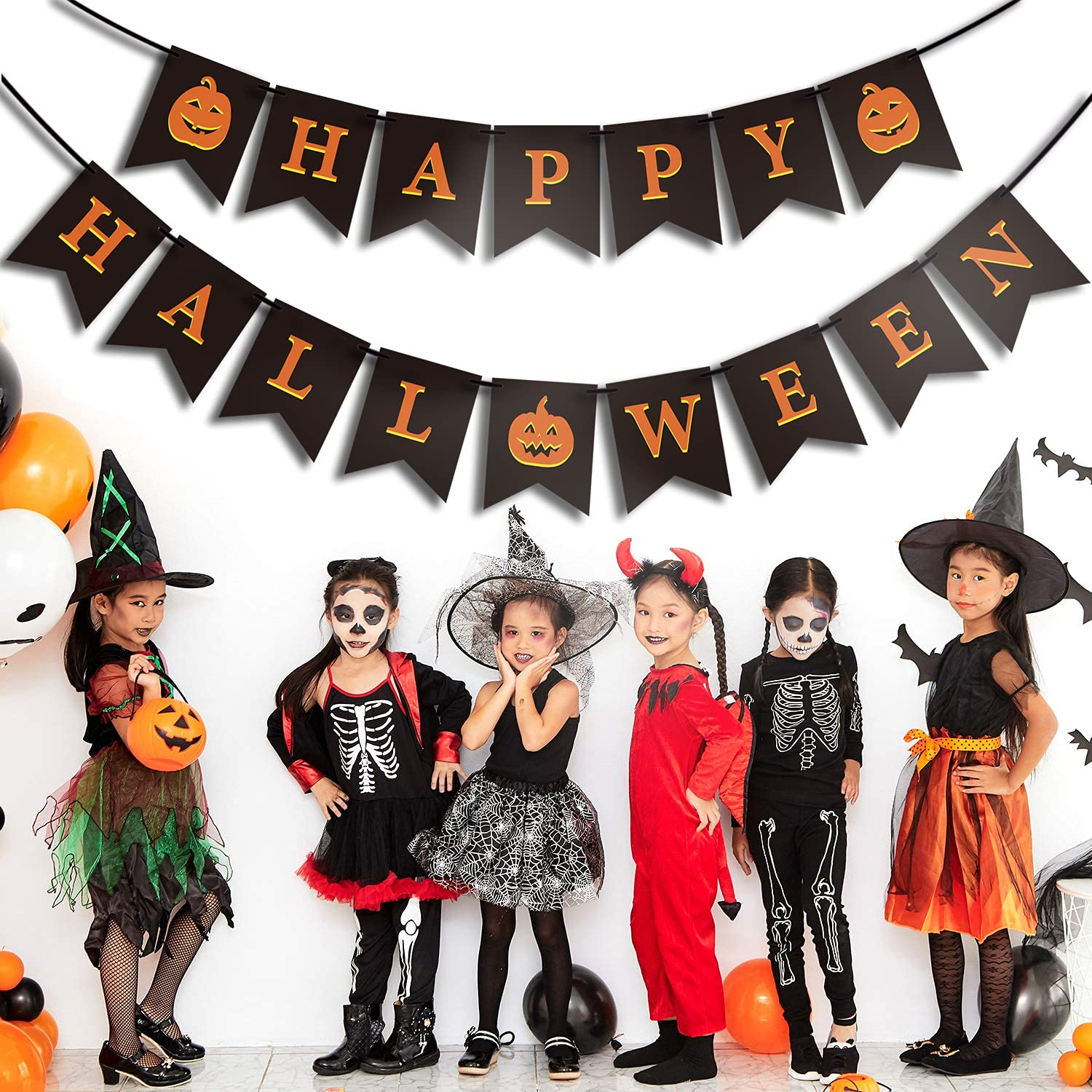 GEGEWOO Black HAPPY HALLOWEEN Banner Bunting with Pumpkin Sign Outdoor Indoor Home Decor for Mantle Fireplace Halloween Theme Party Decorations Supplies image number 3