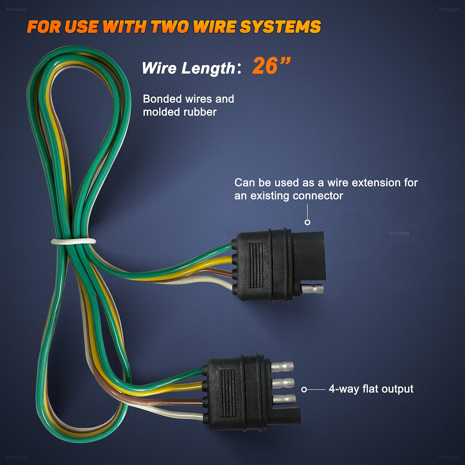 Mosleyz Trailer Wire Extension 4-Way 4 Pin Plug, 4 Wire 4-Flat Connector with Male & Female Plug 18 AWG 26 Inch Hitch Light Trailer Wiring Harness Extender image number 6