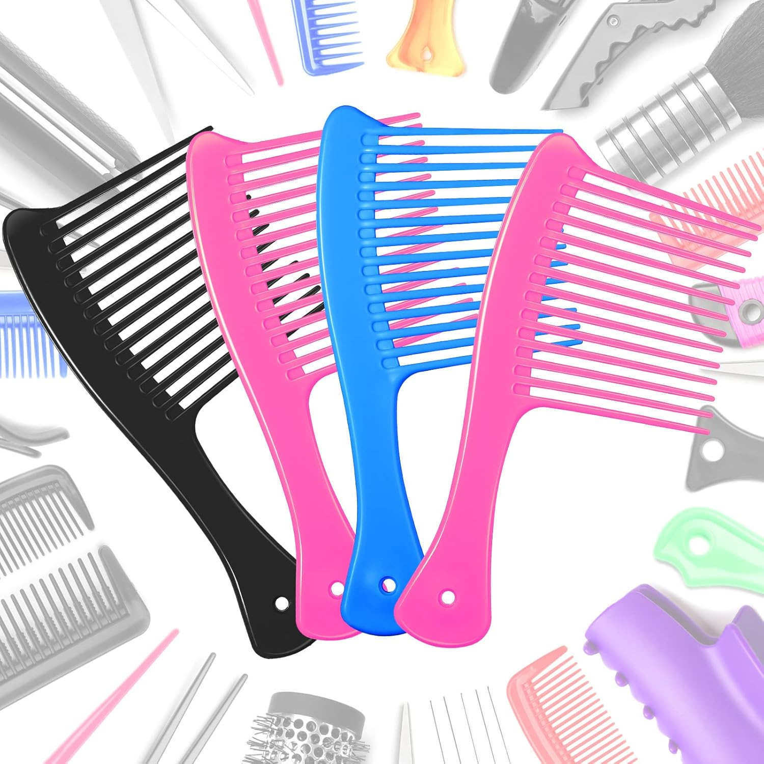 Romooa 4-Piece Wide Tooth Hair Detangler Combs, Plastic, Mixed Colors, Salon & Home Use, Adults & Kids image number 6
