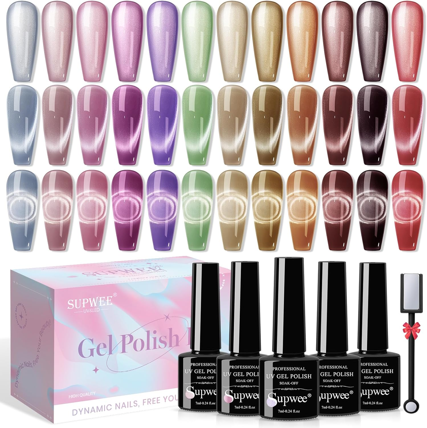 SUPWEE 12 Colors Cat Eye Gel Nail Polish Set with Magnetic Gel Polish Cateye Nails Jelly Crystal Effects 12 Colors Home Manicure for Women Girl