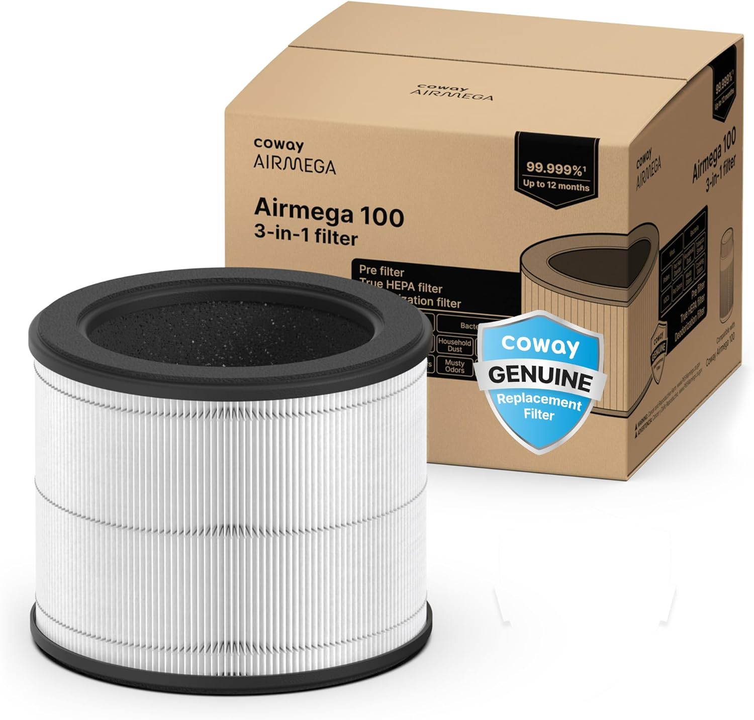 COWAY Genuine Replacement Filter for Air Purifier Airmega 100, 3-In-1 Pre, HEPA, Deodorisation Filter, Long Lasting up to 12 Months, White image number 2