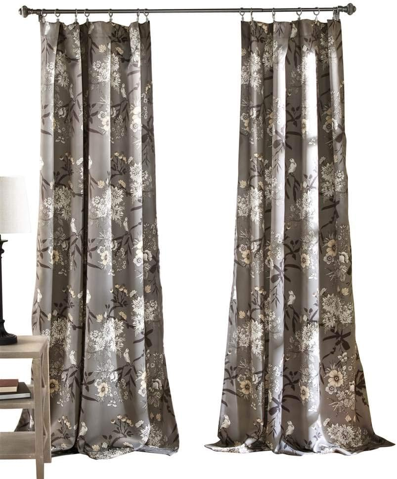 Lush Decor Botanical Garden Curtains Floral Bird Print Room Darkening Window Panel Drapes Set for Living, Dining, Bedroom (Pair), Gray & White, 52" W X 95L