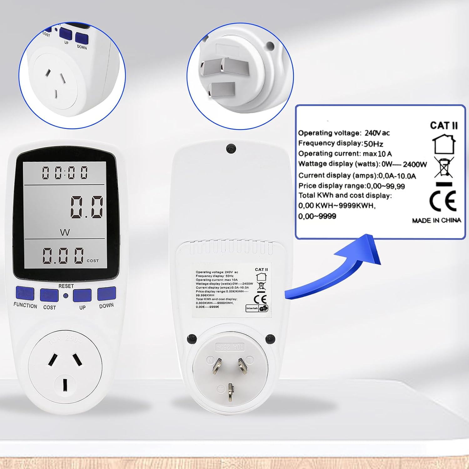 240V Electricity Usage Monitor Plug Power Watt Voltage Amps Meter with Backlight Digital LCD Display, Overload Protection and 7 Display Modes for Energy Saving, AU Plug