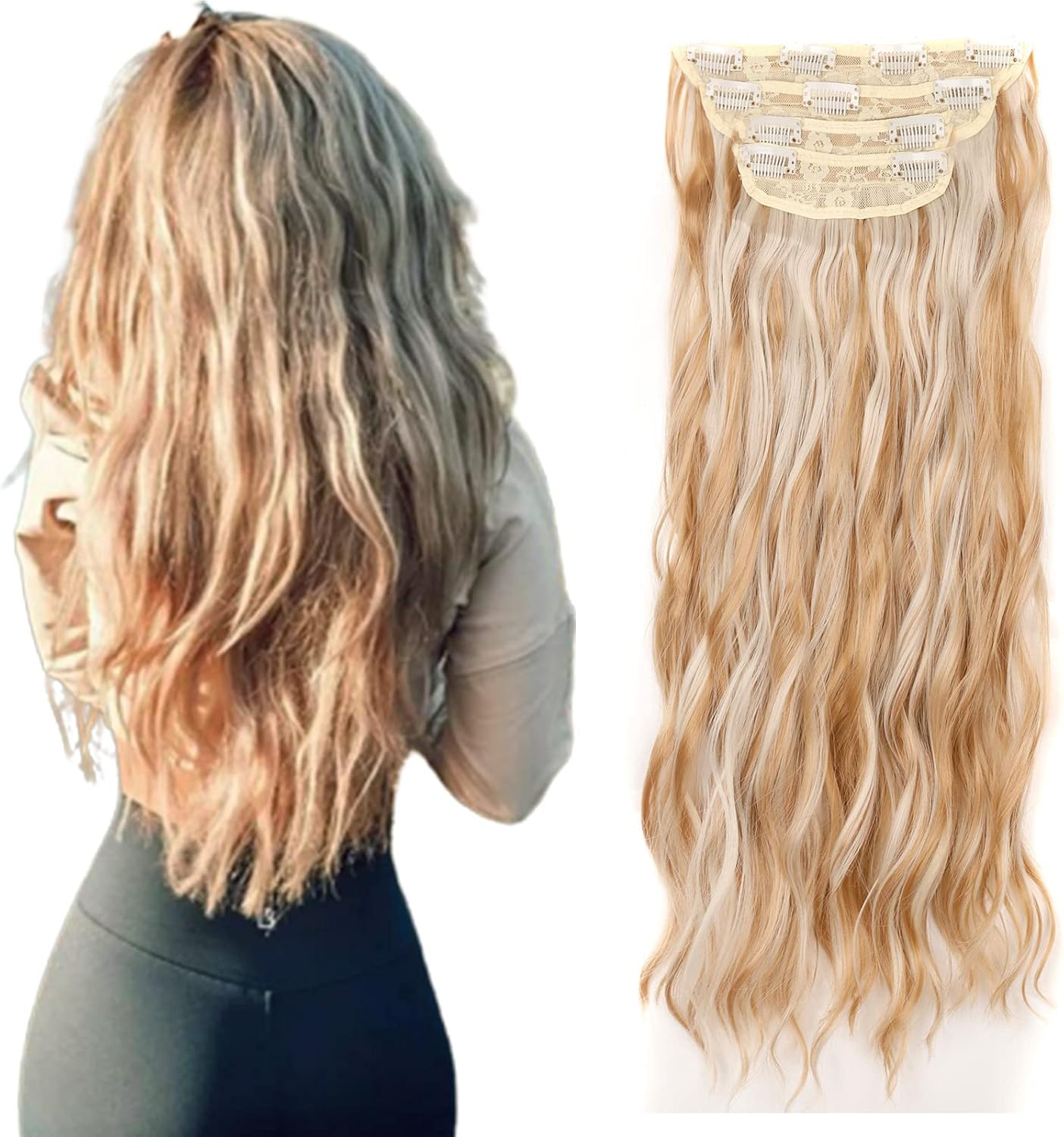Gairyan Clip in Hair Extensions 4PCS Curly Wavy Long Hair Pieces Full Head Synthetic Hair Extension Thick Natural Look for Women, 22 Inches 180G, Dirty Blonde
