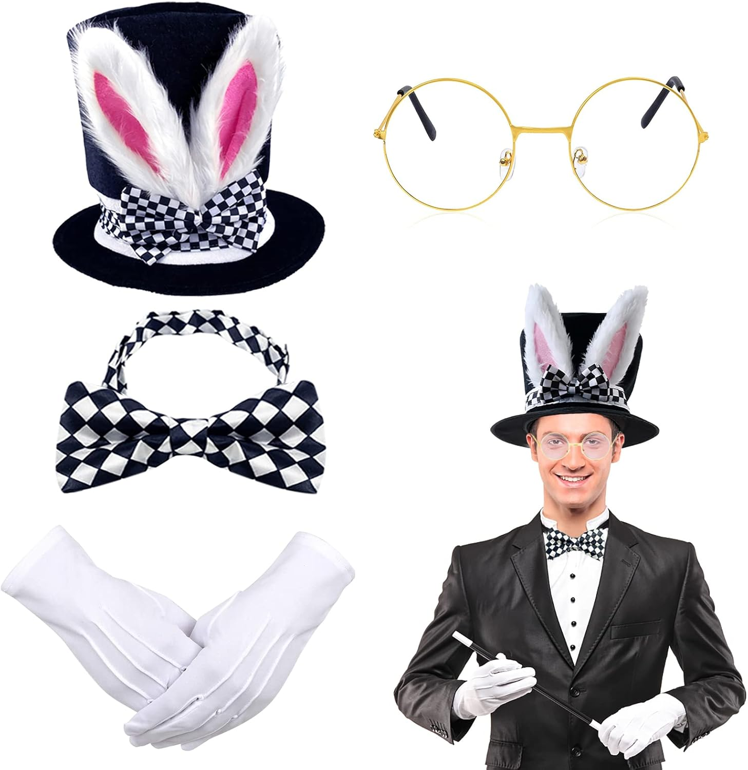 White Rabbit Costume Set Mad Hatter Costume Bunny Ear Top Hat Glasses Bow Tie Gloves for Easter Halloween Costume Accessories (4 Pieces, Multicolor) image number 4