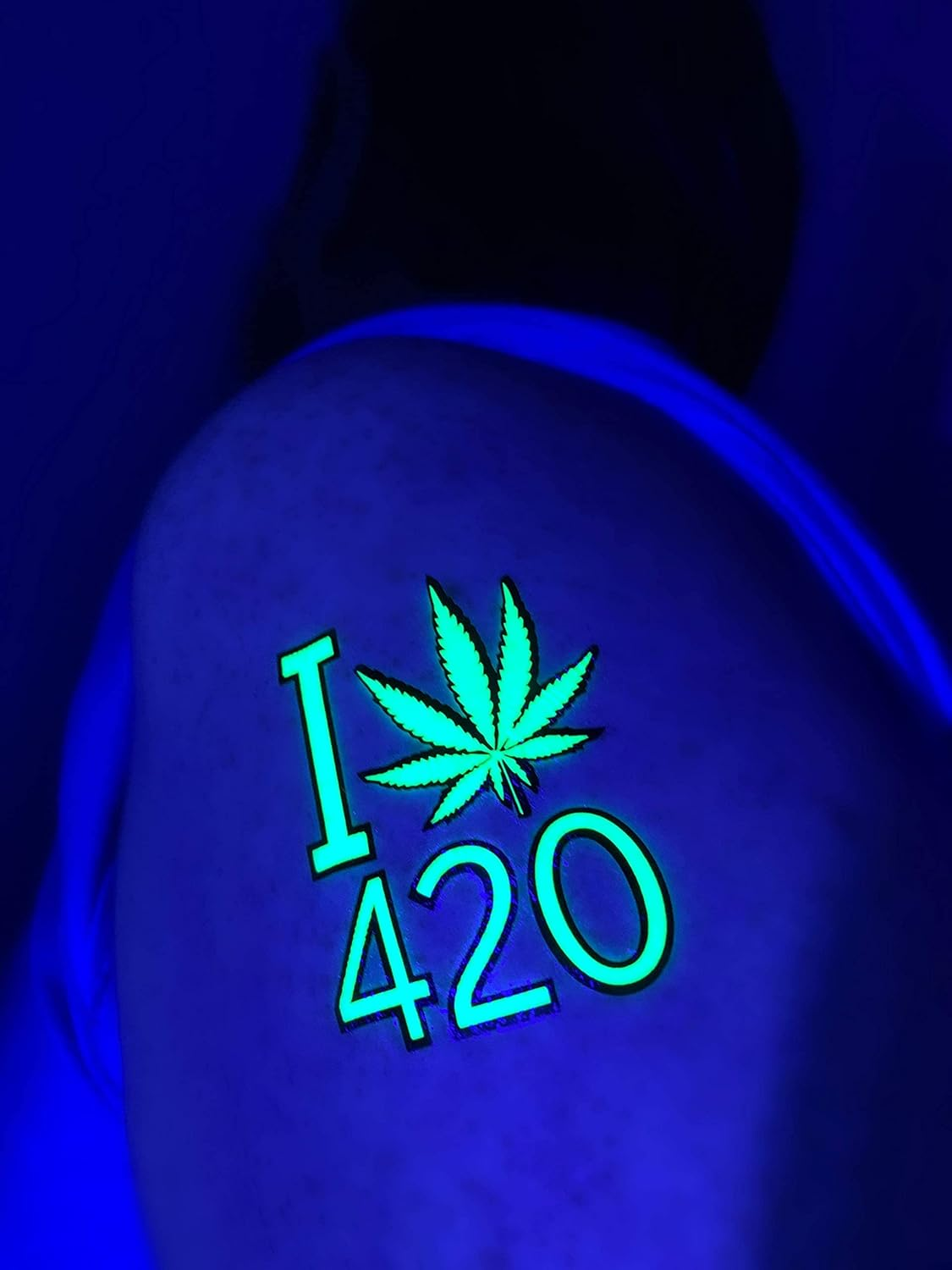 Temporary Blacklight Tattoos- Neon Green Weed 420 Leaf Design Body UV Blacklight Reactive Rave Festival Music EDC EDM Party Tattoo - Alien/Ufo image number 2