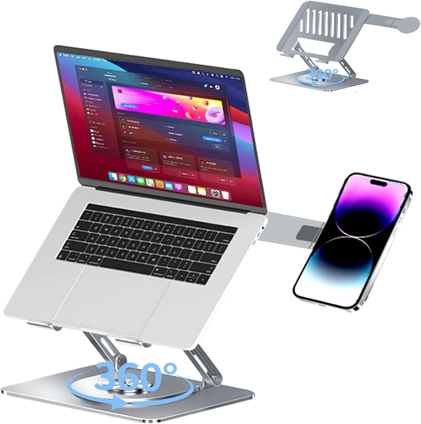 ALUCKKEY 360&deg; Rotating Laptop & Phone Stand, Heavy Duty Foldable Riser with Cooling Vents, Fits up to 17.3" Laptop, Tablet & Mobile, Compatible with Air, Pro, Dell, HP, Lenovo, Silver image number 1