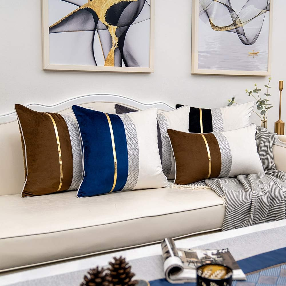 Yangest Black Patchwork Velvet Throw Pillow Cover with Gold Striped Leather Cushion Case Modern Luxury Pillowcase for Sofa Couch Bedroom Living Room Home Decor,18"X18" image number 2