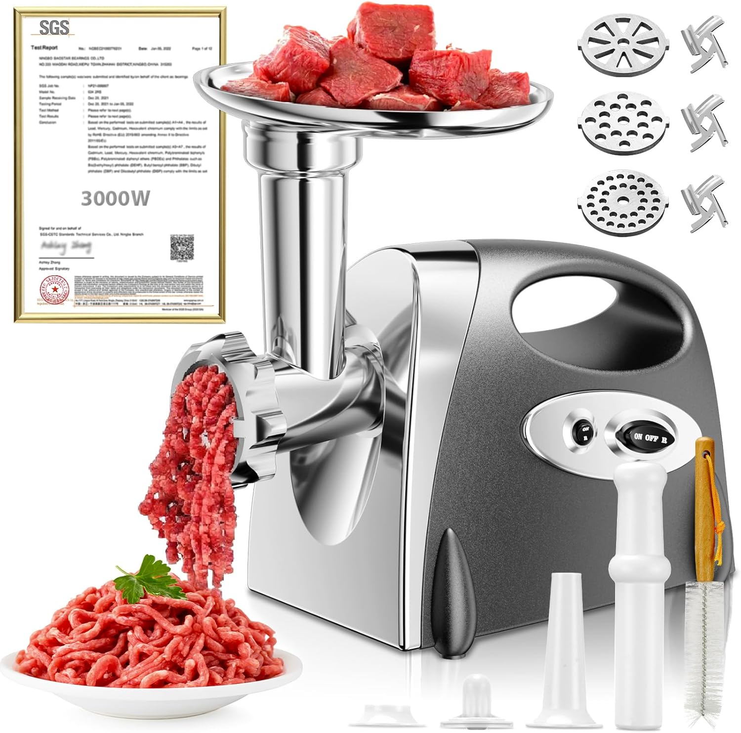 Electric Meat Grinder: [3000W Superior Motor] [Exquisite Box] Hachoir &Agrave; Viande with 6 PCS Stainless Steel Blades & Grinding Plates, Sausage Stuffer Tubes & Kubbe Kit Portable Handle for Gift (Gray) image number 3