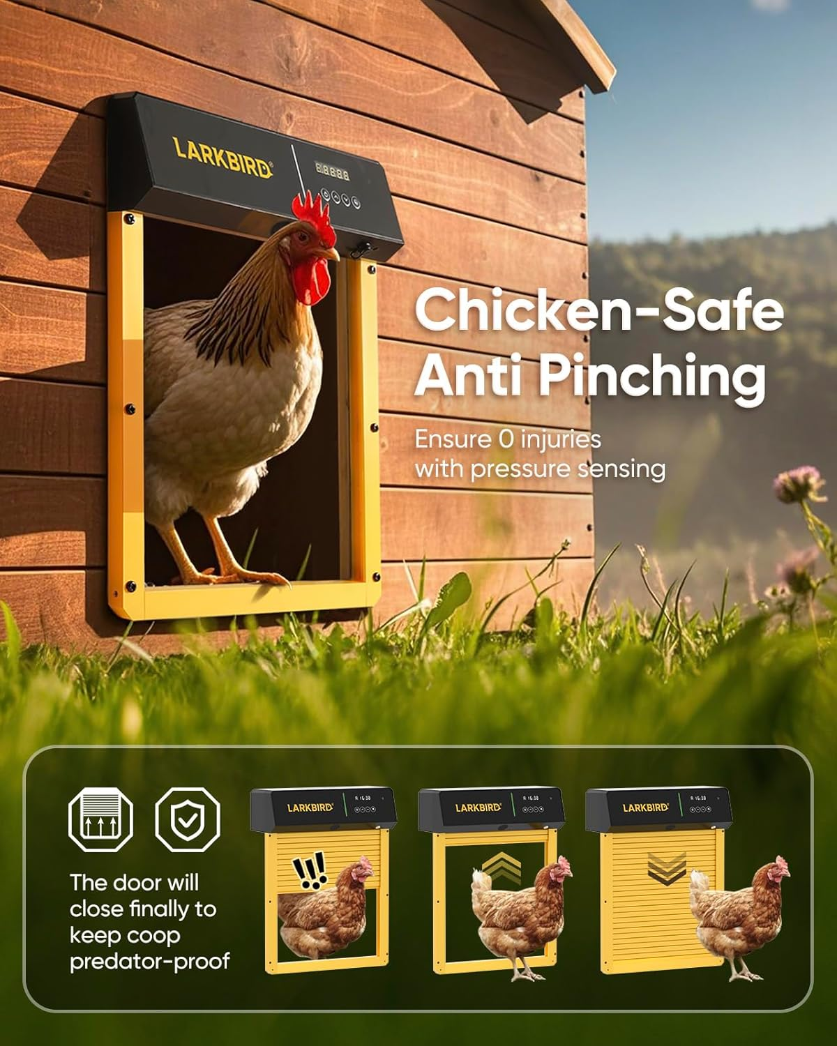LARKBIRD Automatic Chicken Coop Door with Audio Recall Function, Solar Chicken Coop Door with Timer & Light Sensor, App Control Chicken Door with Anti-Pinch System (Yellow) image number 2