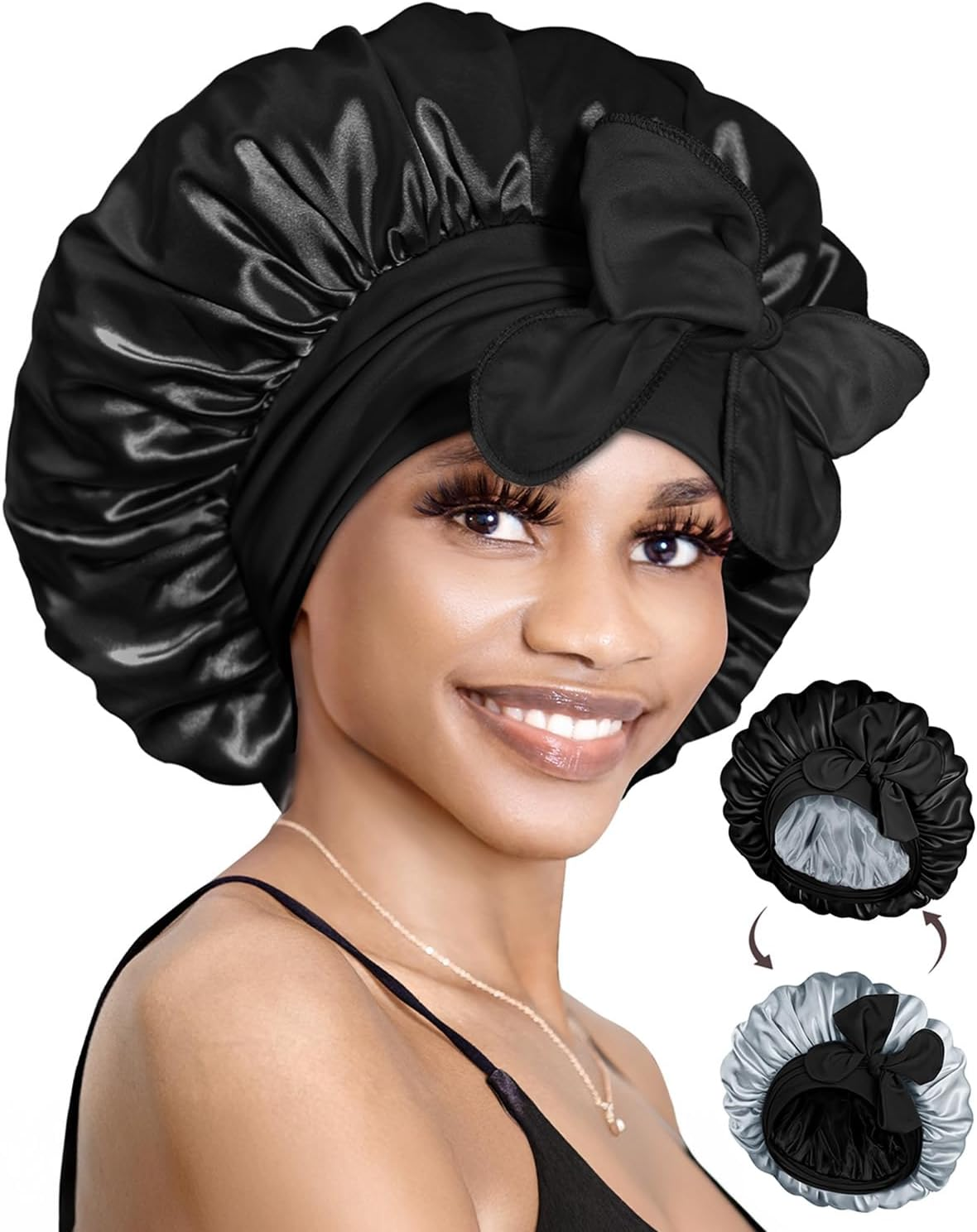 Bonnet Queen Silk Bonnet Satin Bonnet for Sleeping Women Double Layer Reversable Satin Sleeping Hair Cap Silk Bonnet with Wide Tie Band for Curly Hair, Medium Black+Silver