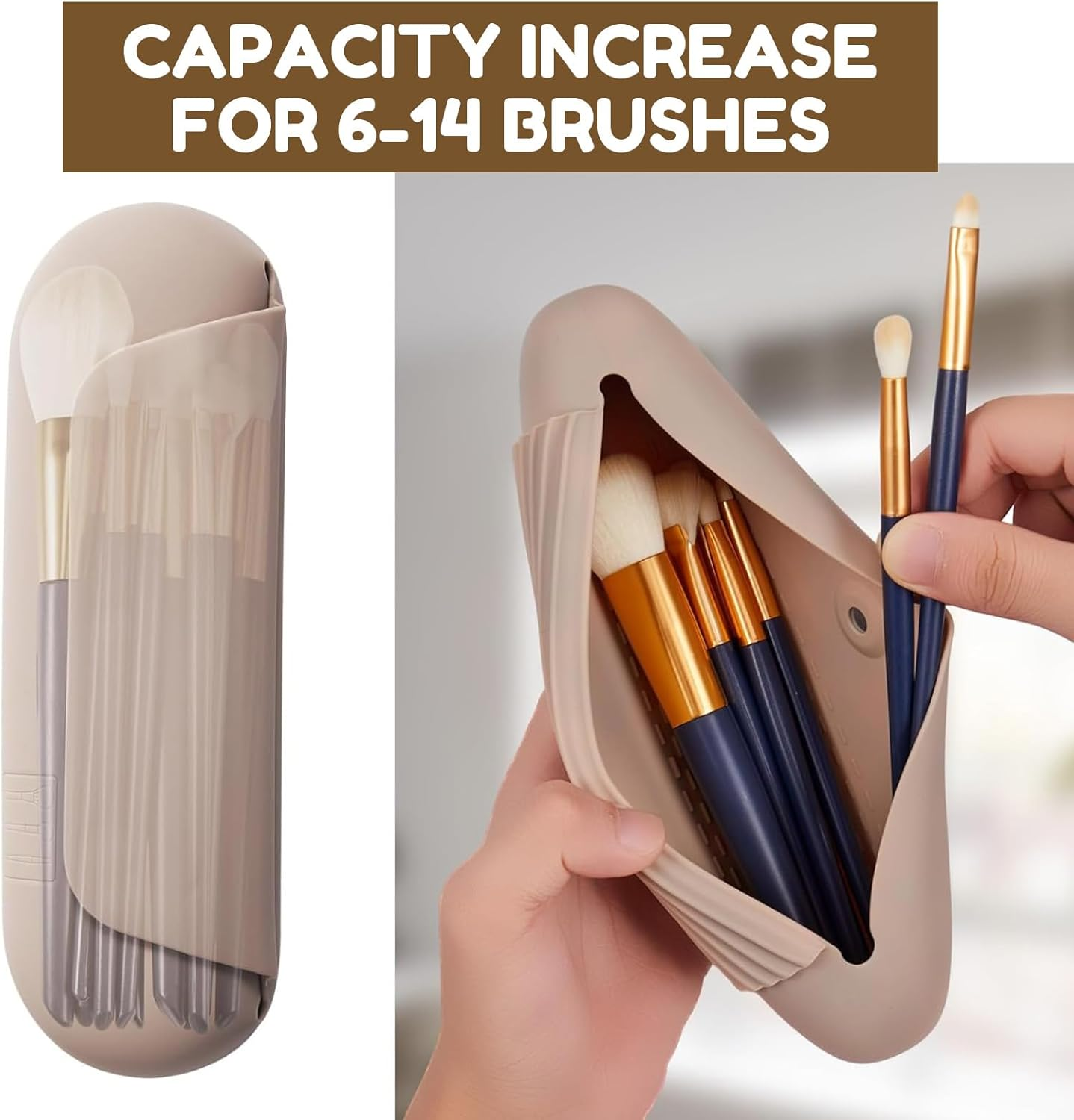 Silicone Makeup Brush Holder Travel Cosmetic Bag &ndash; Soft Portable Cosmetic Face Brushes Holder with Anti-Fall Out Magnetic Closure, Large Travel Makeup Brush Case (Walnut)