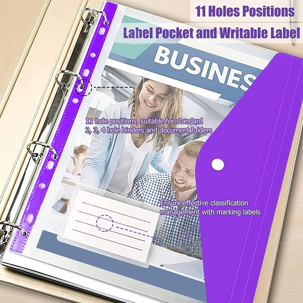 Veumoie 12 Pcs A4 Binder Pocket Expandable Envelopes Clear Plastic Envelopes for Ring Binder Folder, Snap Button image number 2