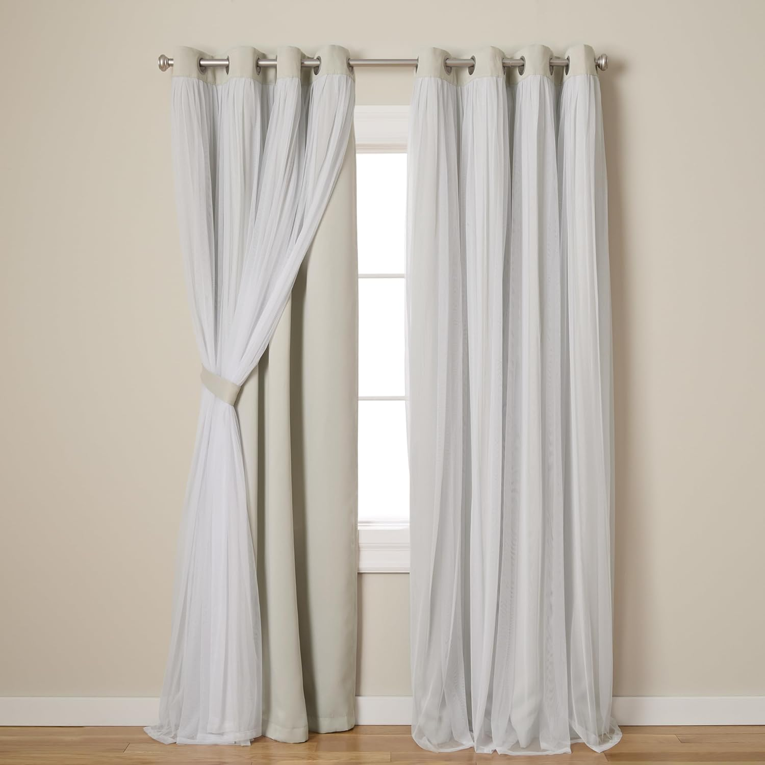 Exclusive Home Catarina Layered Solid Room Darkening Blackout and Sheer Grommet Top Curtain Panel Pair, 52"X63", Sand
