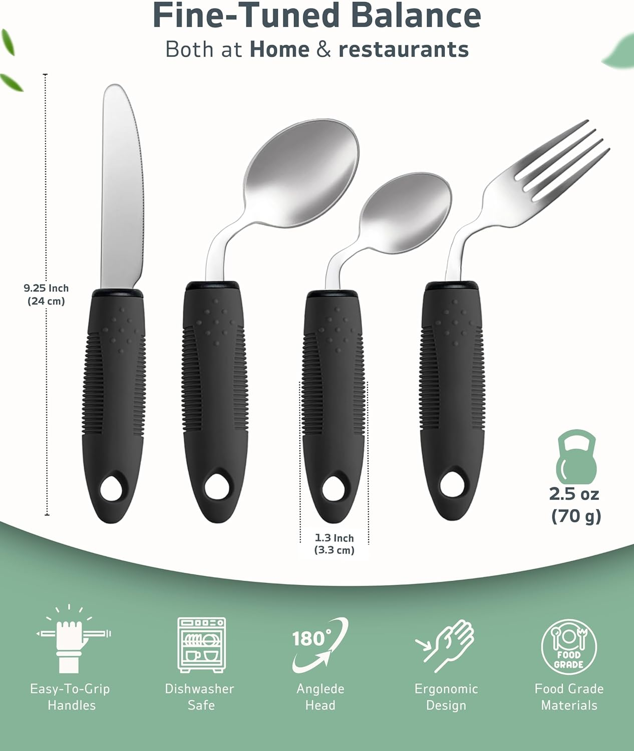 Adaptive Utensils Set (4-Piece) &ndash; 42&deg; Angled, 3 Oz Weighted Silverware for Parkinson'S, Hand Tremors and Arthritis &ndash; Easy-Grip Ergonomic Eating Aids (Left-Handed) - Black: Right-Handed image number 5