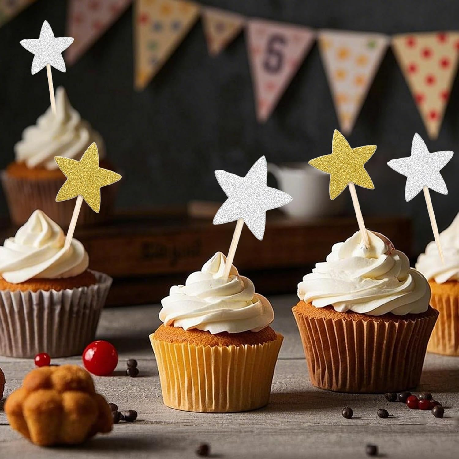 50 Pcs Star Cupcake Toppers Assembly Sparkling Star Cupcake Picks for Wedding Baby Shower Birthday Party Cake Decorations Supplies(Gold,Silver) image number 4