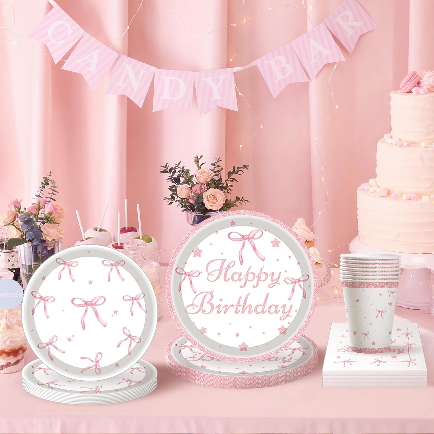 PEKGLOW 84Pcs Bow Party Supplies Pink Bow Plates Napkins Tableware Bowknot Dinnerware for Women'S Coquette Birthday Party Supplies Paper Plates Bachelorette Engagement Pink Birthday Decoration image number 6