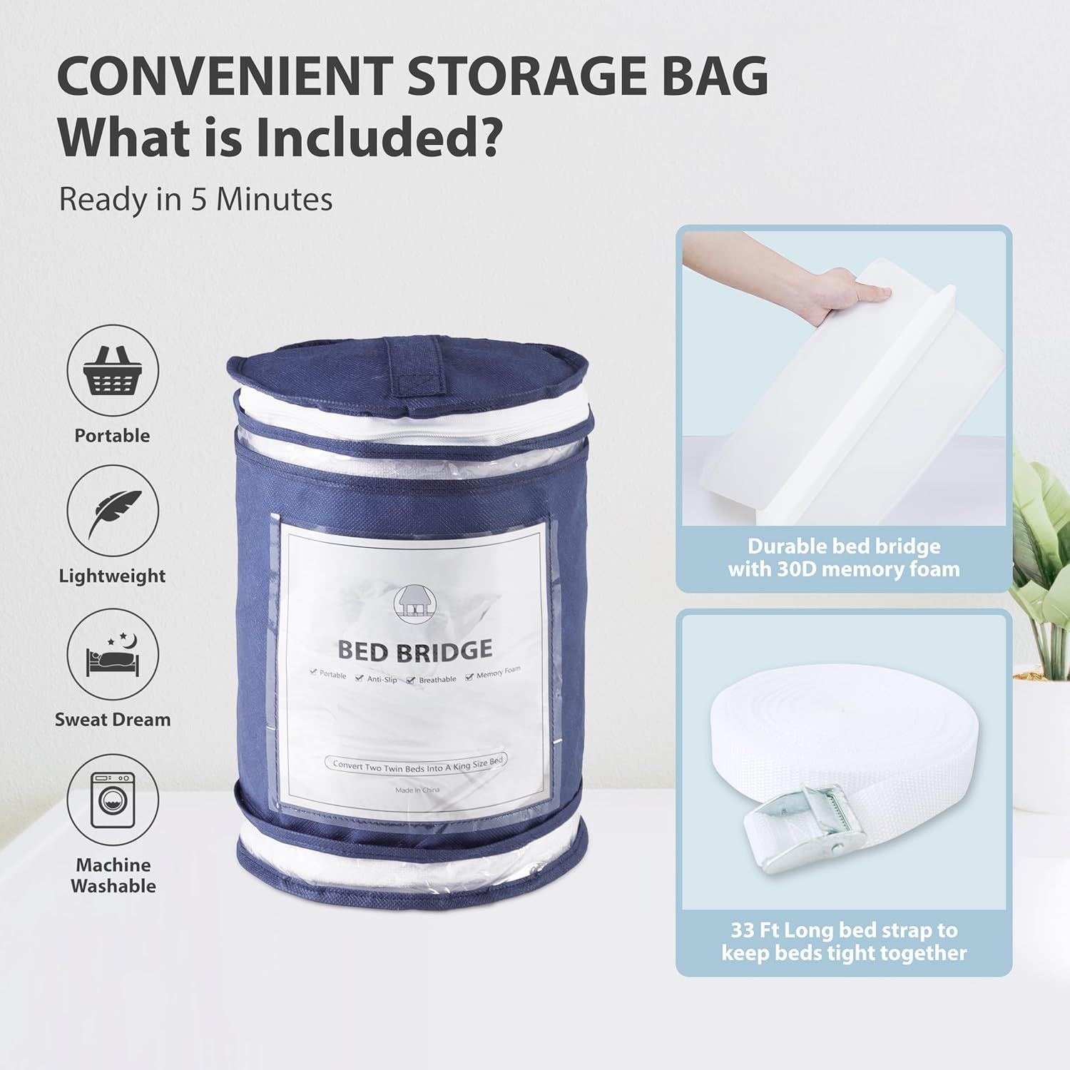 Ruili Bed Bridge Twin to King Converter Kit - Mattress Connector with Strap - Extra Wide Soft Bed Gap Filler - Adjustable Comfortable Bed Connector - Storage Bag Included (Cotton) - White image number 3