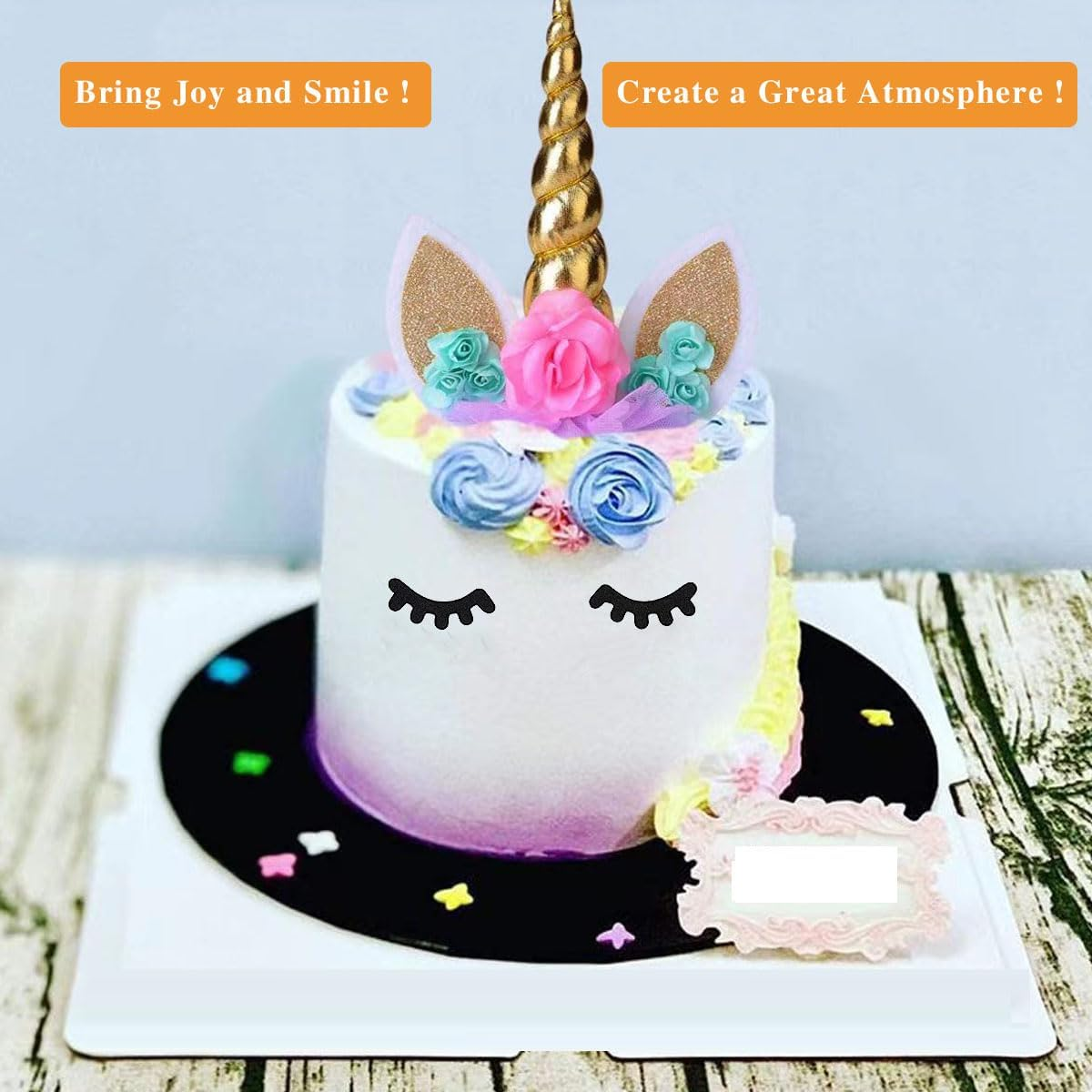 Unicorn Cake Topper, Handmade Gold Unicorn Birthday Cake Topper Decoration Supplies with Eyelashes and Stack for Birthday Party,Baby Shower, Wedding (Gold) image number 1