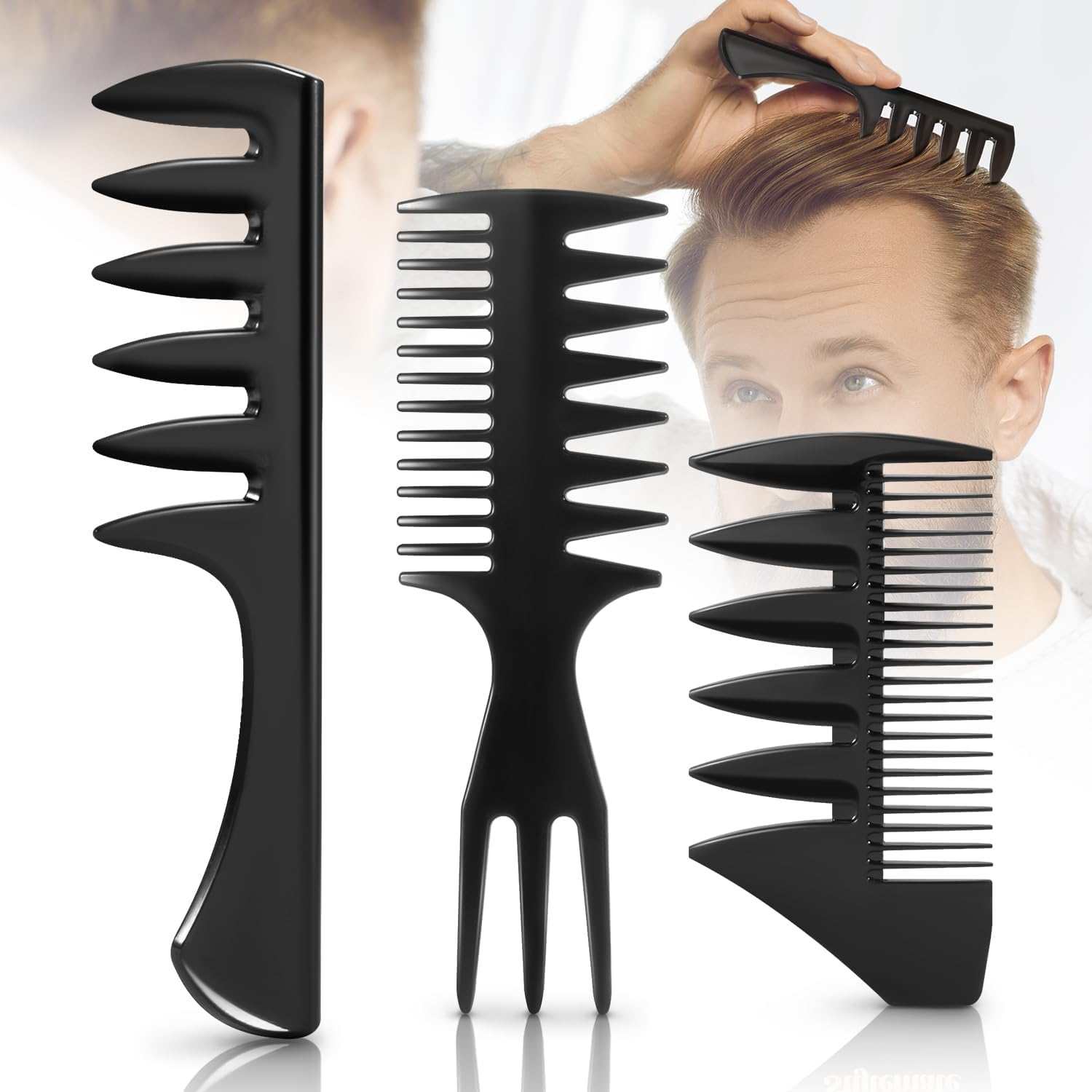 3Pcs Hair Styling Combs Set for Men - Black Barber Wide Tooth Texture Comb for Quiff, Pompadour, Slicked-Back, Fauxhawk, Undercut image number 5