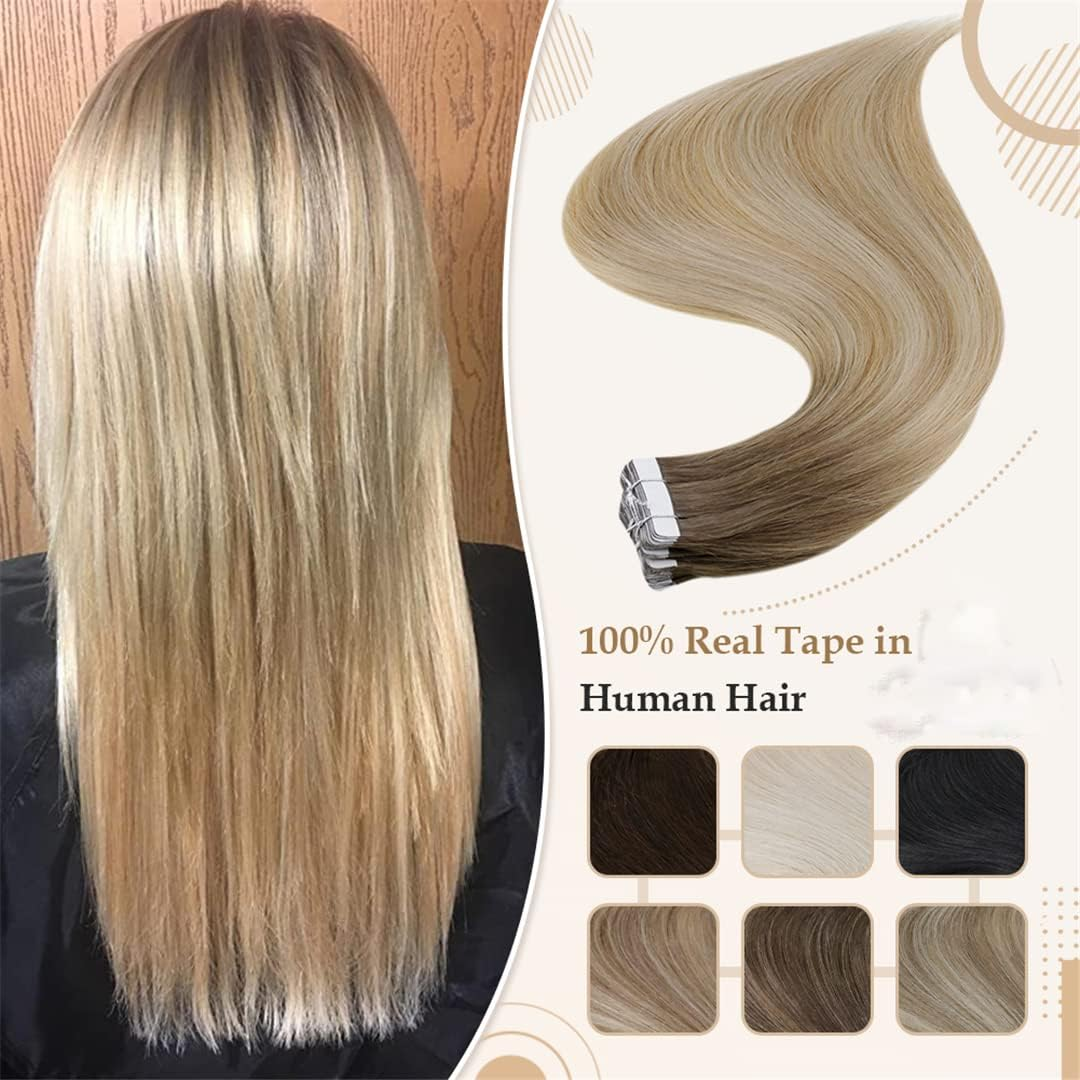 Natural Hair Tape in Extensions 100% Remy Human Hair Ombre 40Pcs 100G Seamless Blonde Glue on Hair for Woman 1B 8 22 22 Inches 20 Pcs image number 3